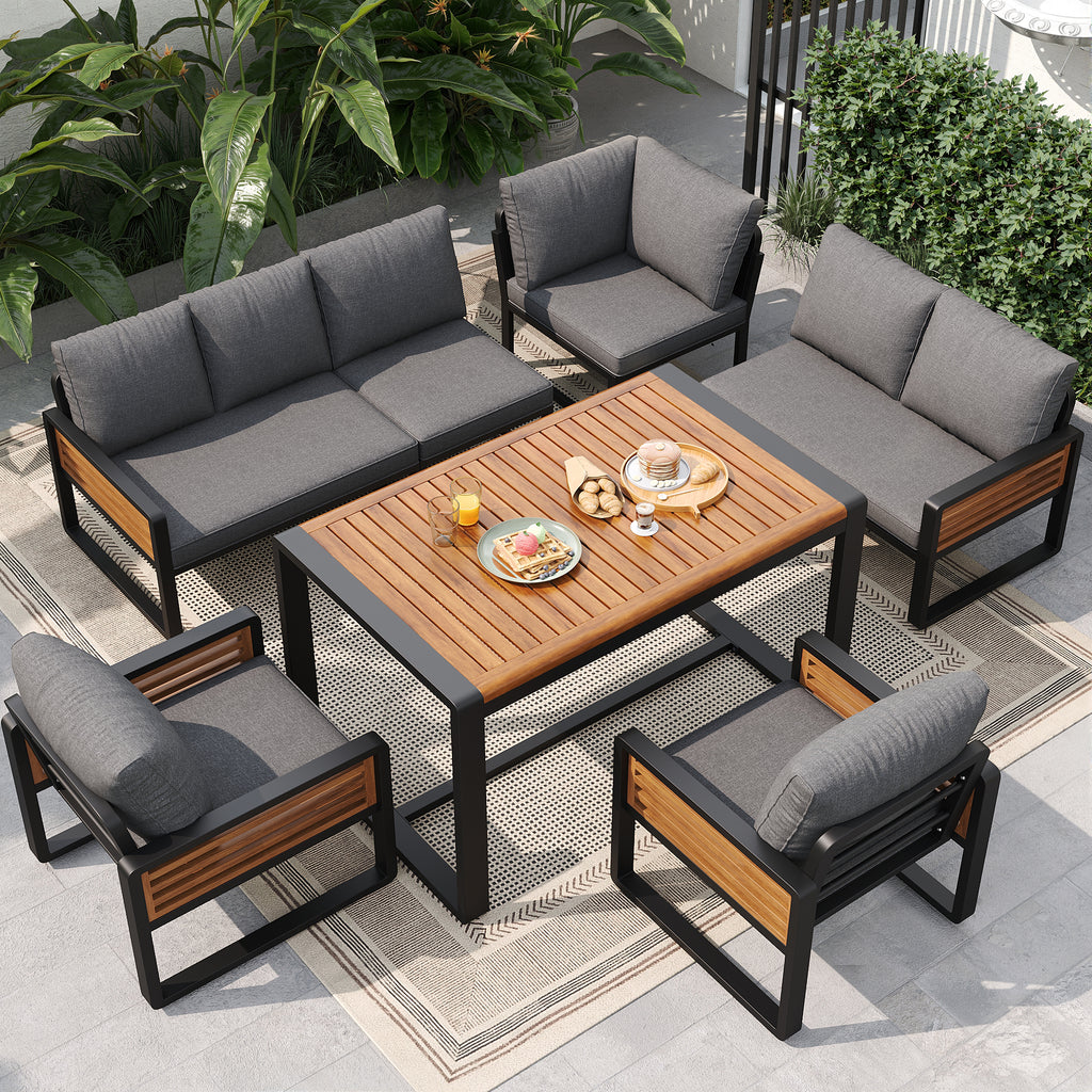 Garden lounge set, garden sofa with dining table made of solid wood, furniture set for 8 people, adjustable legs, all seat and back cushions included, gray