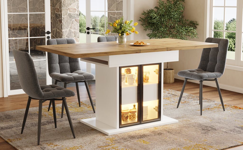 Extendable dining table with storage space & RGB LED lighting, 110–140cm, glass sliding doors & concealed push handles, white/black