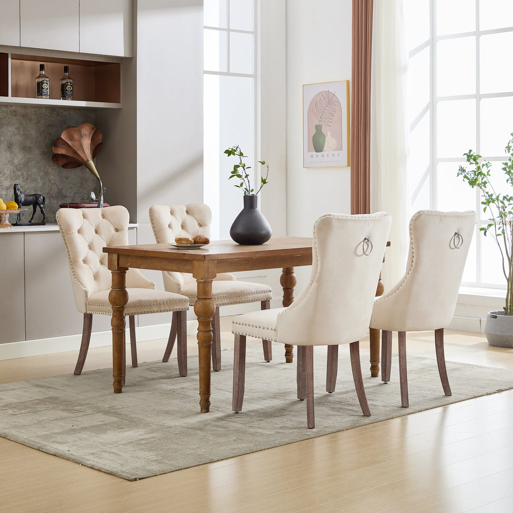 Modern Set of 4 Upholstered Velvet Dining Chairs, Button Tufted Kitchen Lounge Chairs with Brushed Wood Legs, Riveted Trim and Knocker Ring, for Dining Room Living Room, Beige