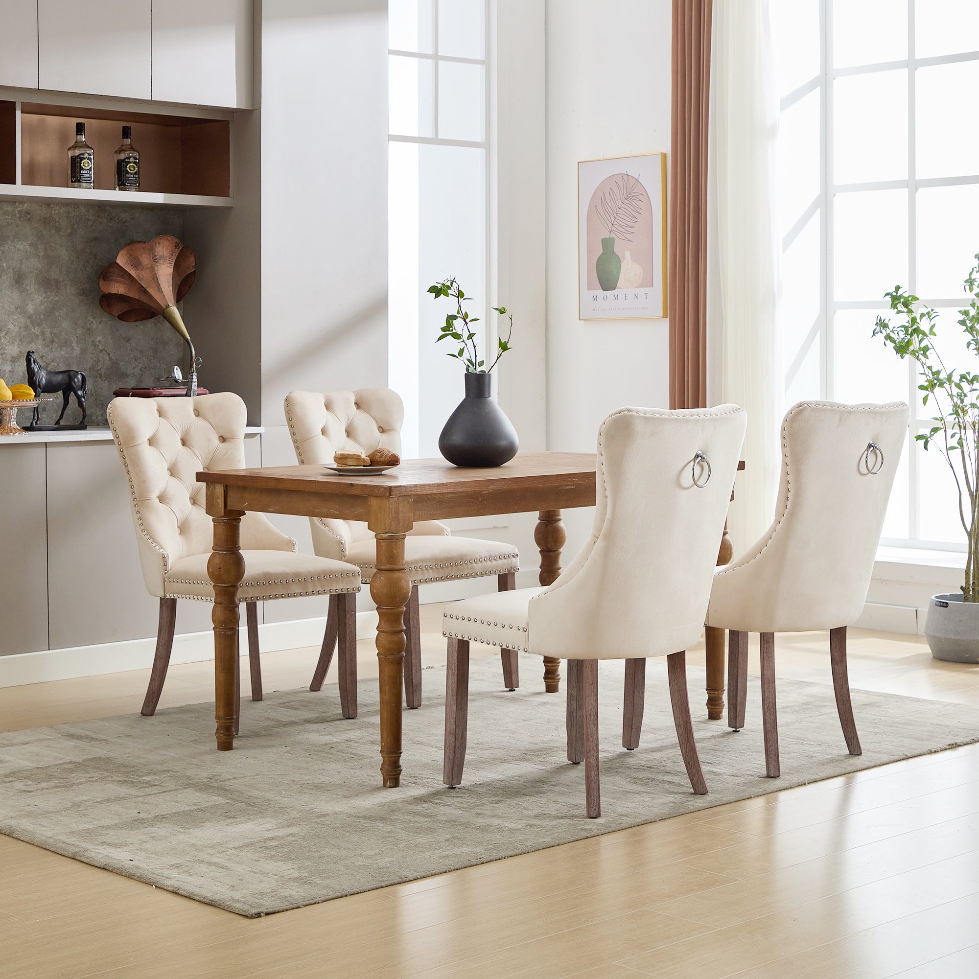 Modern Set of 4 Upholstered Velvet Dining Chairs, Button Tufted Kitchen Lounge Chairs with Brushed Wood Legs, Riveted Trim and Knocker Ring, for Dining Room Living Room, Beige