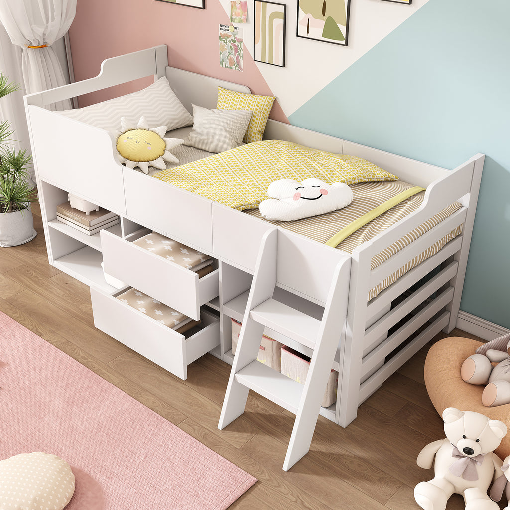 Cabin Bed Mid Sleeper Bed Frame Storage Kids Wooden bed with Drawers Shelf Storage Low Sleeper Bed  3ft Single Children's White Wooden Bed - 3ft Single (90 x 190 cm) Frame Only