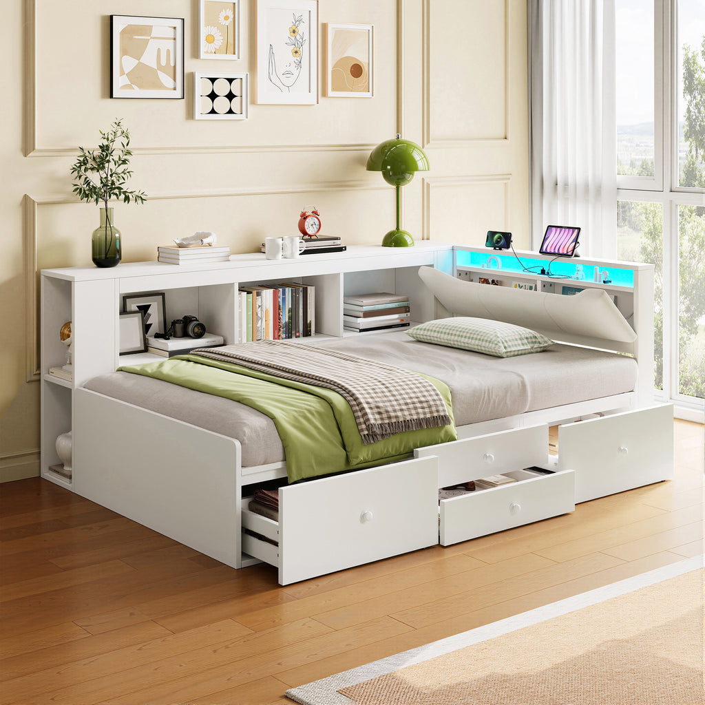 3ft Single Tatami Wooden Bed Frame with Underbed Storage and Drawers, LED Linen Headboard with Charging Station and Concealed Headboard Storage, Bedside Bookshelf Compartment, White (No Mattress)