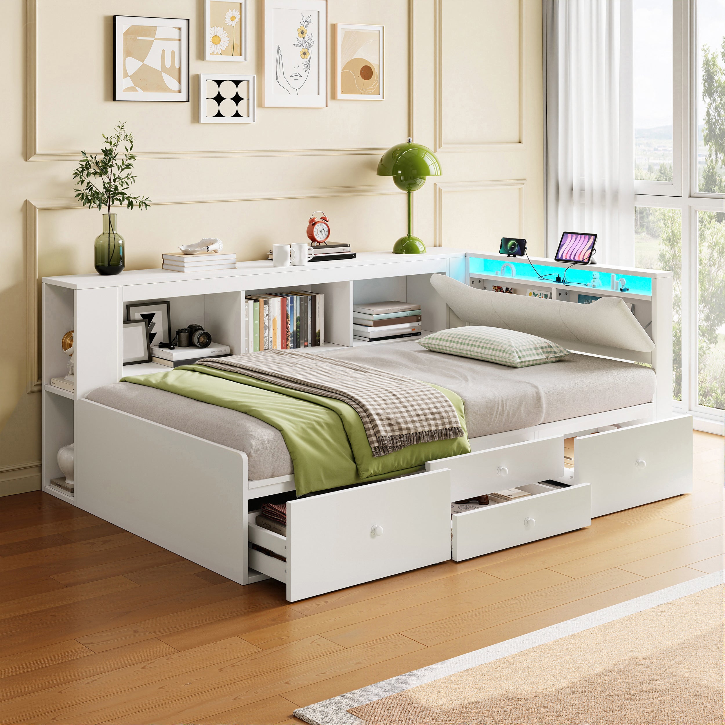 3ft Single Tatami Wooden Bed Frame with Underbed Storage and Drawers, LED Linen Headboard with Charging Station and Concealed Headboard Storage, Bedside Bookshelf Compartment, White (No Mattress)