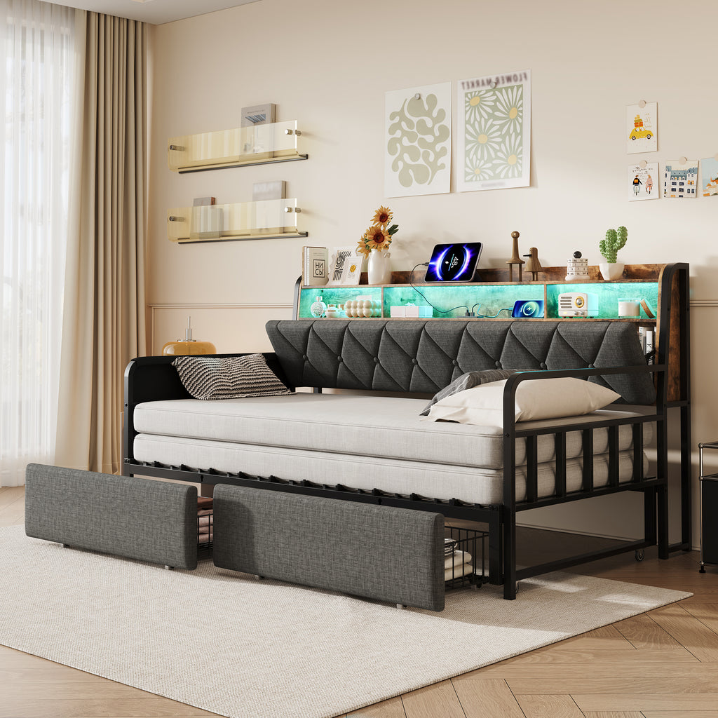 3ft Single Daybed with Pull-out Trundle and Storage Drawer, Walnut Wood Sofa Bed with LED Lighting and Charging Station, Concealed Headboard Storage, Reversible Side Pocket, Linen, Grey (No Mattress)