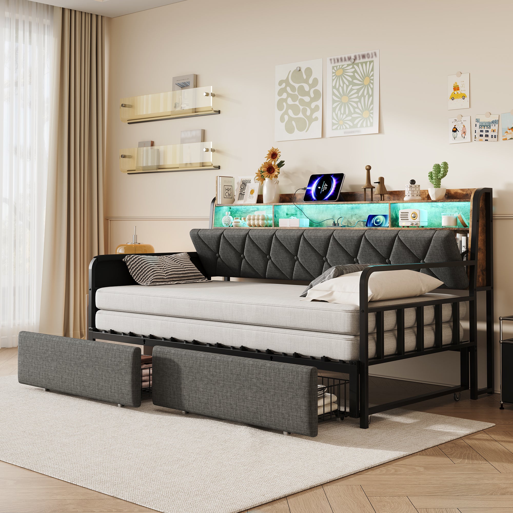 3ft Single Daybed with Pull-out Trundle and Storage Drawer, Walnut Wood Sofa Bed with LED Lighting and Charging Station, Concealed Headboard Storage, Reversible Side Pocket, Linen, Grey (No Mattress)