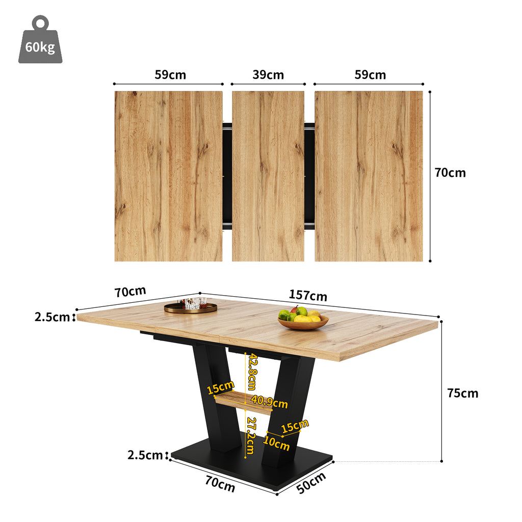 Extendable dining table (118-157×70×75cm), table, kitchen table,extendable to 118-157cm with the help of internal insert leaves, for kitchen and living room, wood-colored dining table