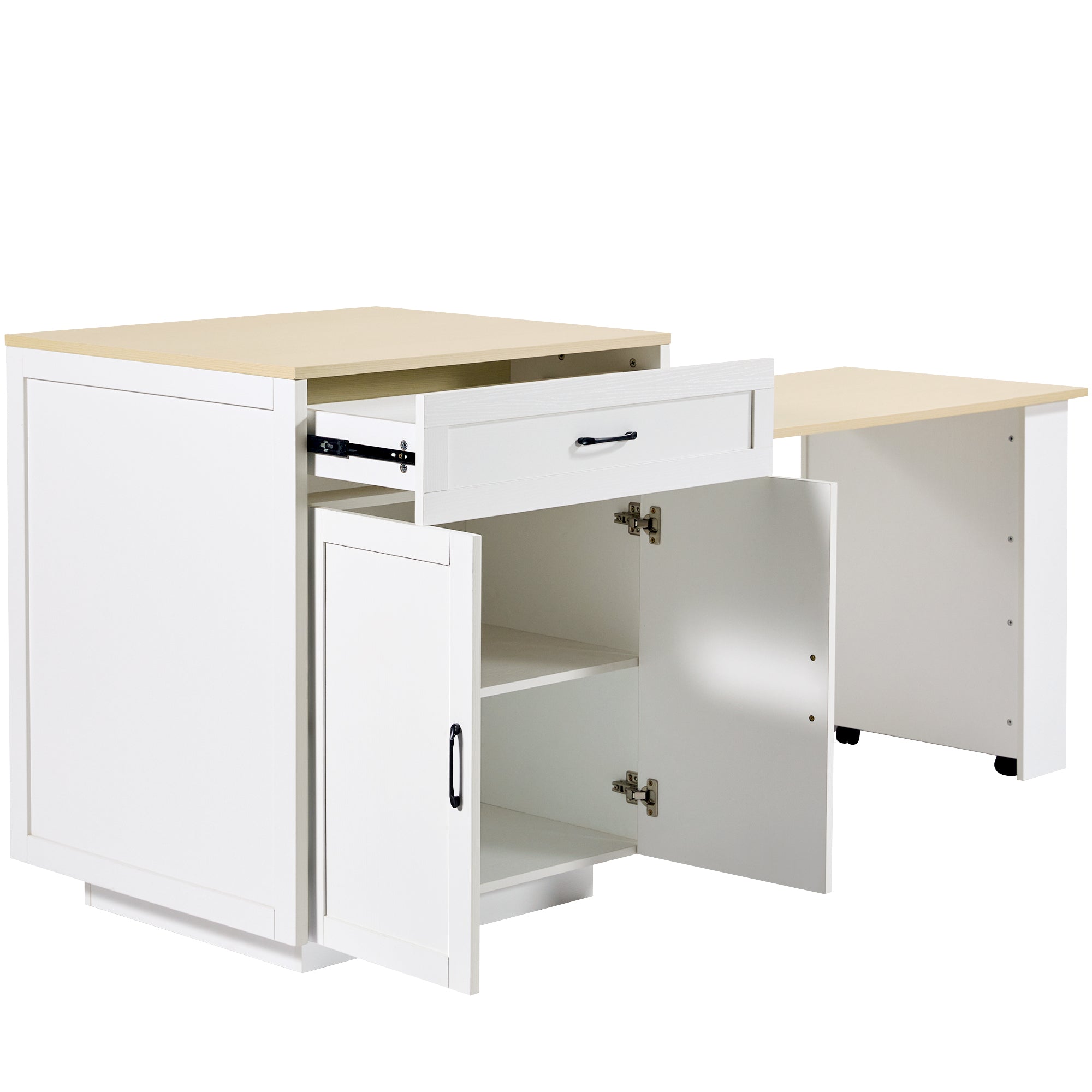 Extendable Bar Table with Storage (133–202 × 70 × 93.5 cm), with 2 Drawers and 2 Compartments, Expandable Kitchen Island Table for 2–6 People, Kitchen Dining Cart with Side Shelves, White.