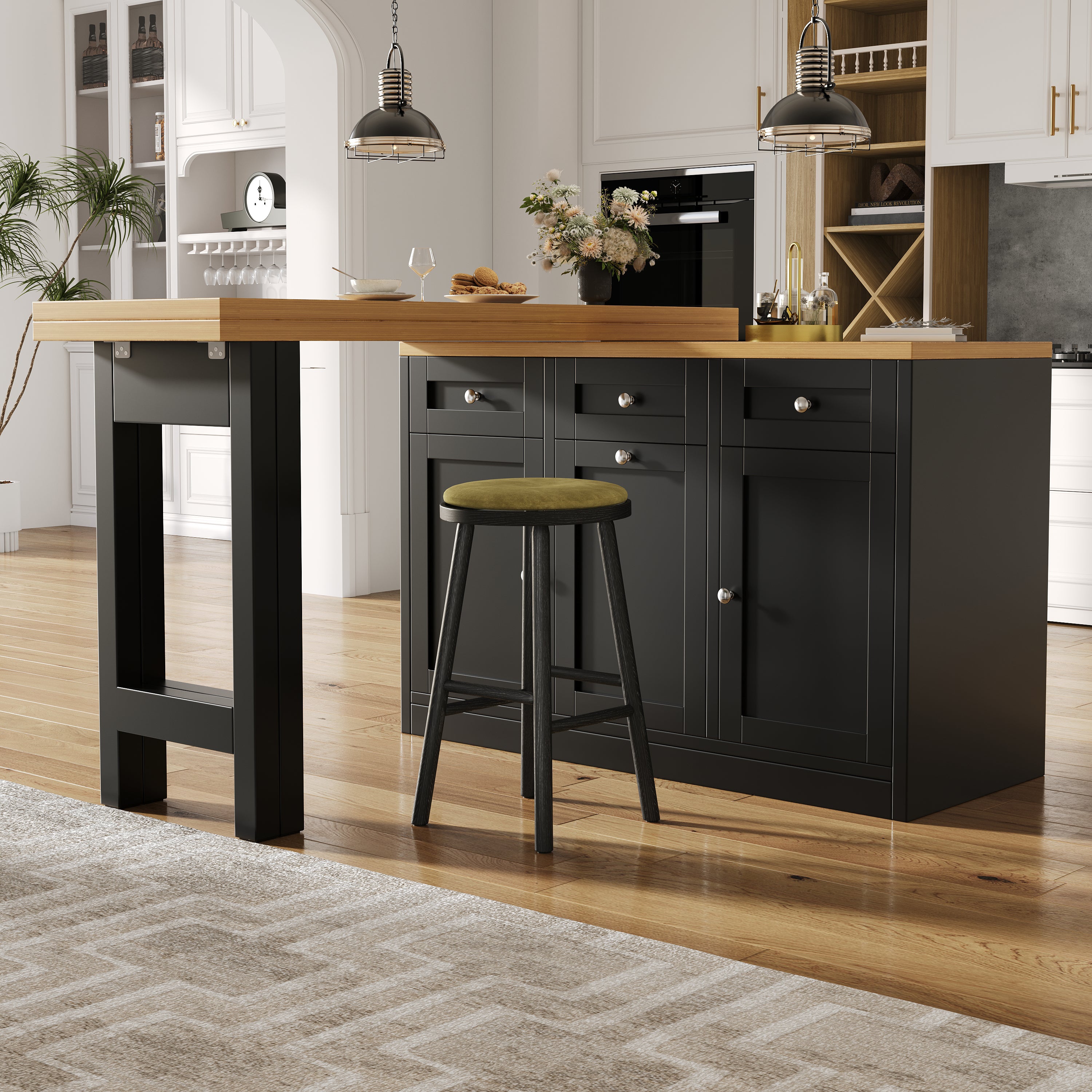 Extendable bar table with storage space, fold-out dining table with drawer and snack tray, pull-out bin holder (bin not included), space-saving design for small flats, kitchens, balconies,
Black