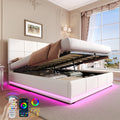 Ottoman Double Bed with LED Lighting, PU Leather Upholstered Bed with Hydraulic Storage, 4ft6 Double Bed Frame with Adjustable Square Tufted Headboard, Cream White (No Mattress)