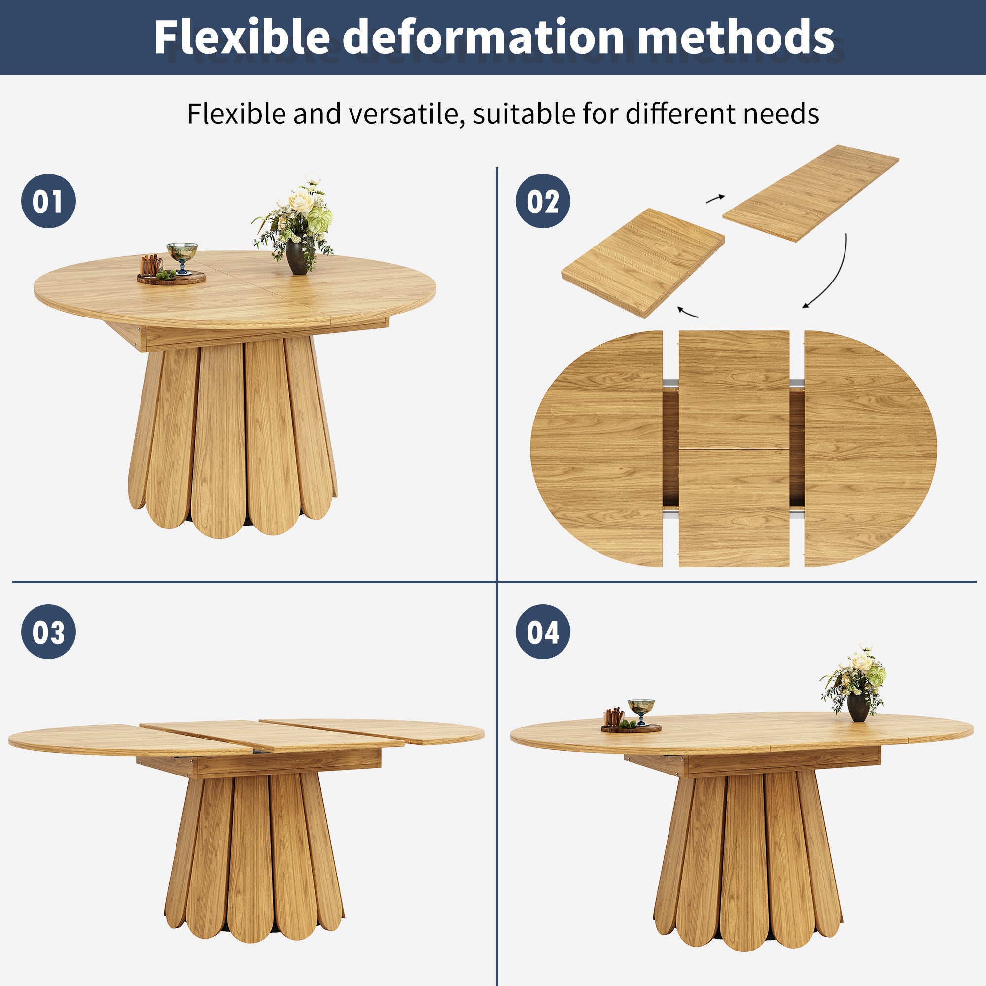 Extendable dining table, dining room table, kitchen table, balcony table, wooden dining table Round dining table, extends to oval, 118–158 cm, seats up to 6 people, natural color