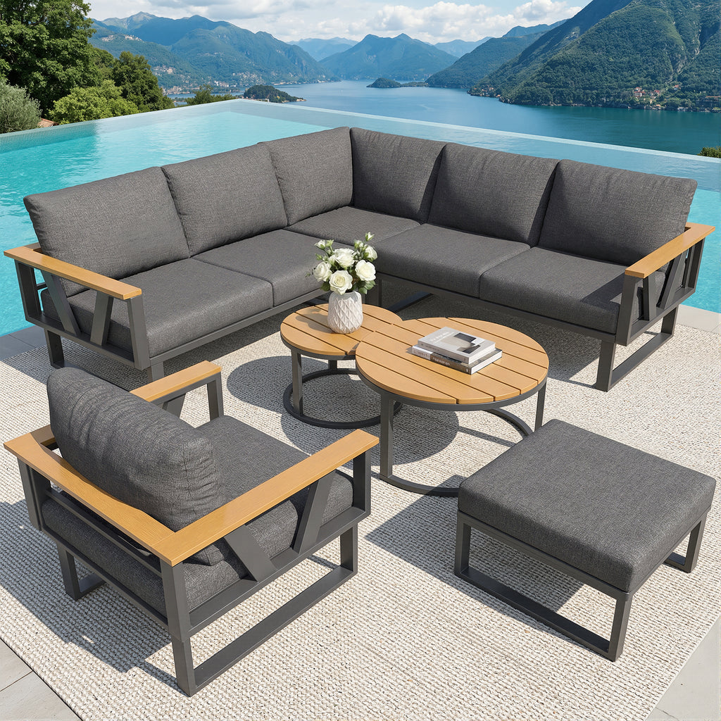 Modular Outdoor Sofa Set with Nesting Tables, Sturdy Metal Frame, Washable Cushions, for Patio & Garden