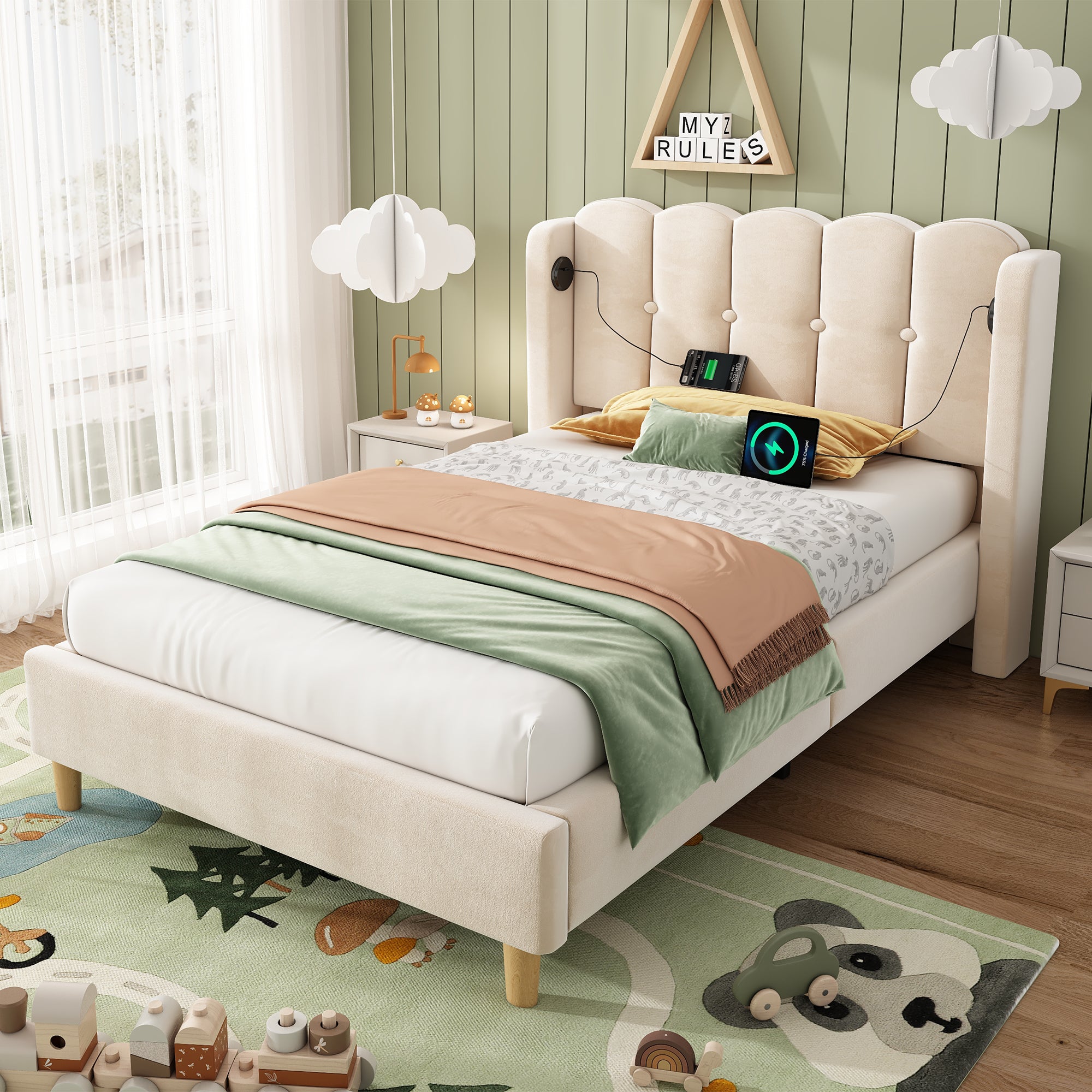 Upholstered Single Bed with USB and Type-C Charging, 3FT Bed Frame with Wooden Slatted Frame, Teenager Bed for Bedroom & Guest Room, 90 x 190 cm, Beige, Velvet (No Mattress)