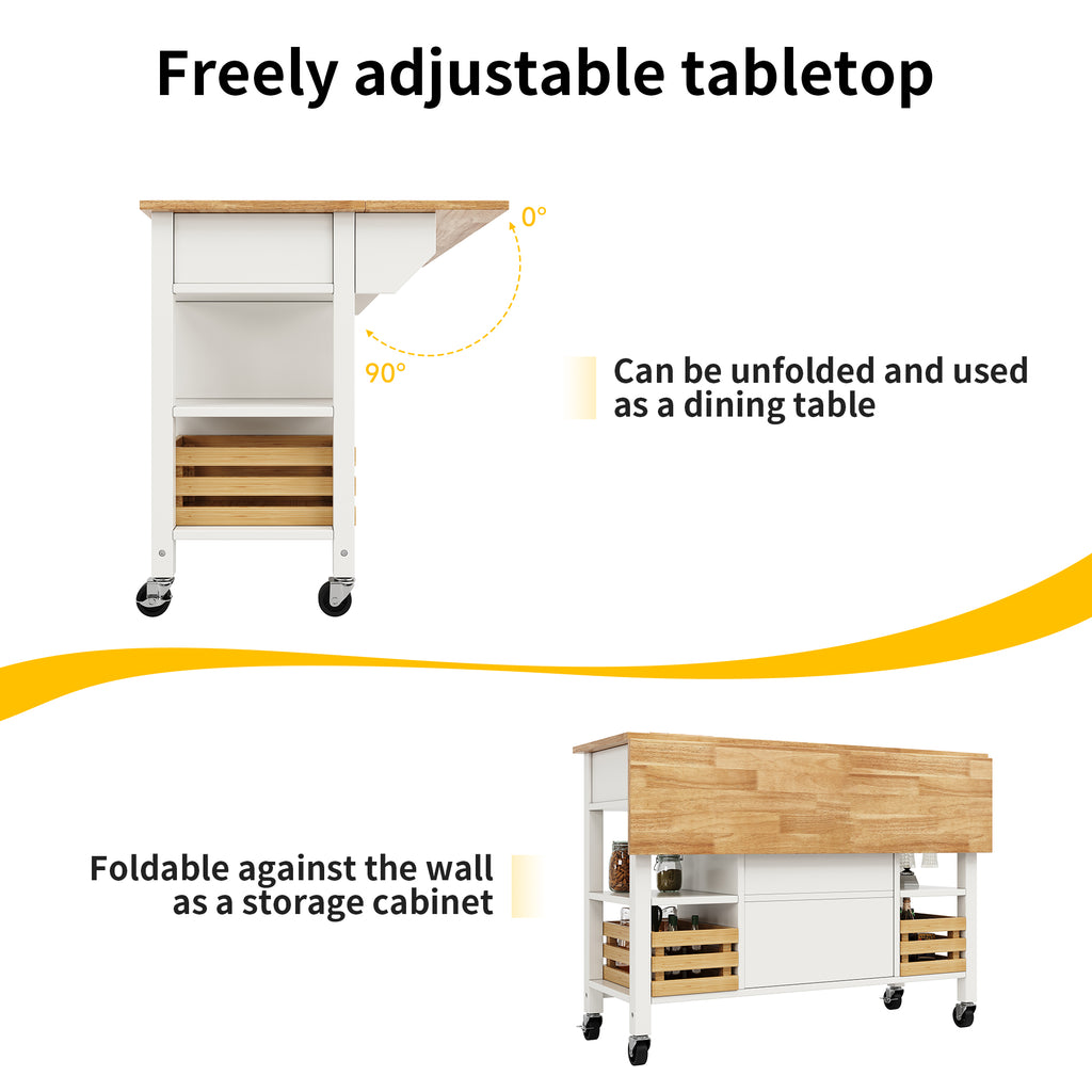 Rolling Kitchen Island Storage Trolley with Large Cabinet, 3 Drawers, Spice Rack, Adjustable Shelf, Dining Room Organiser Sideboard Cupboard Cabinet Cart, White