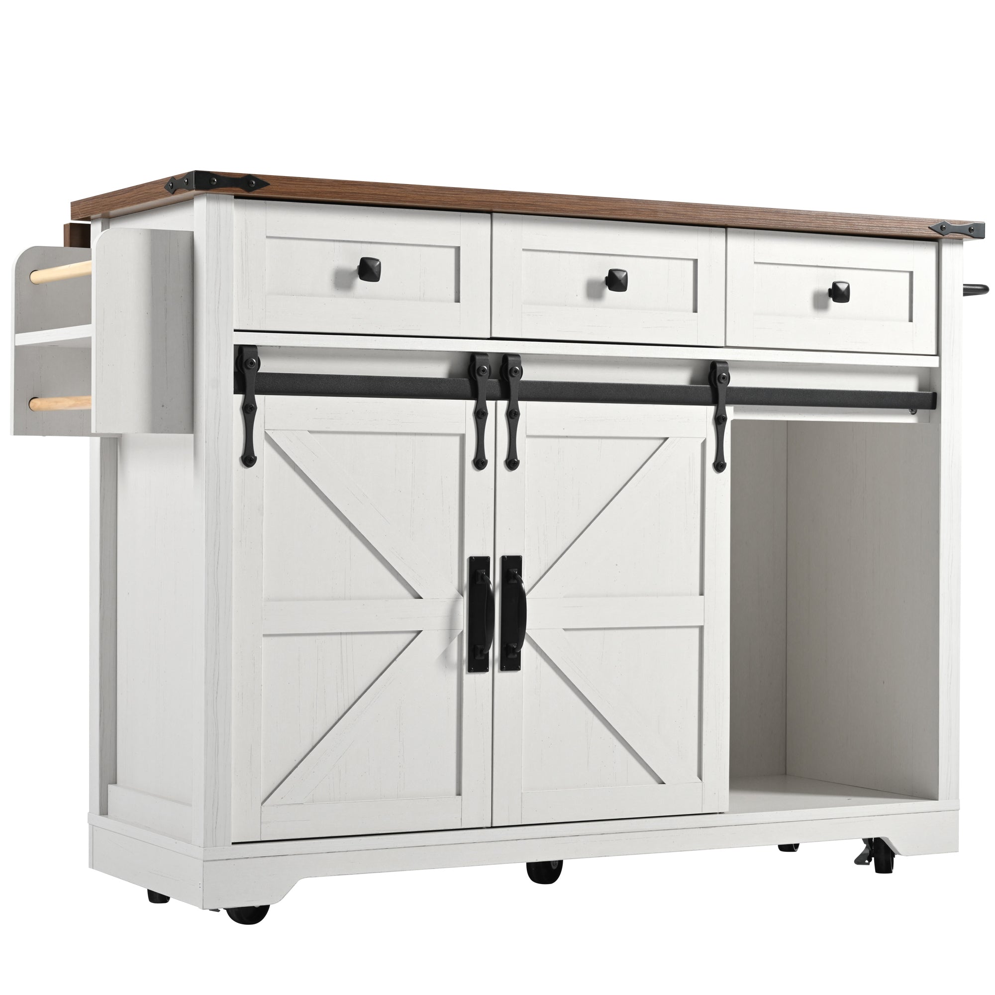 Kitchen island, serving cart with extendable worktop, kitchen cart on wheels, kitchen cabinet with 2 sliding doors and 3 drawers, dining cart with wood grain, kitchen cabinet