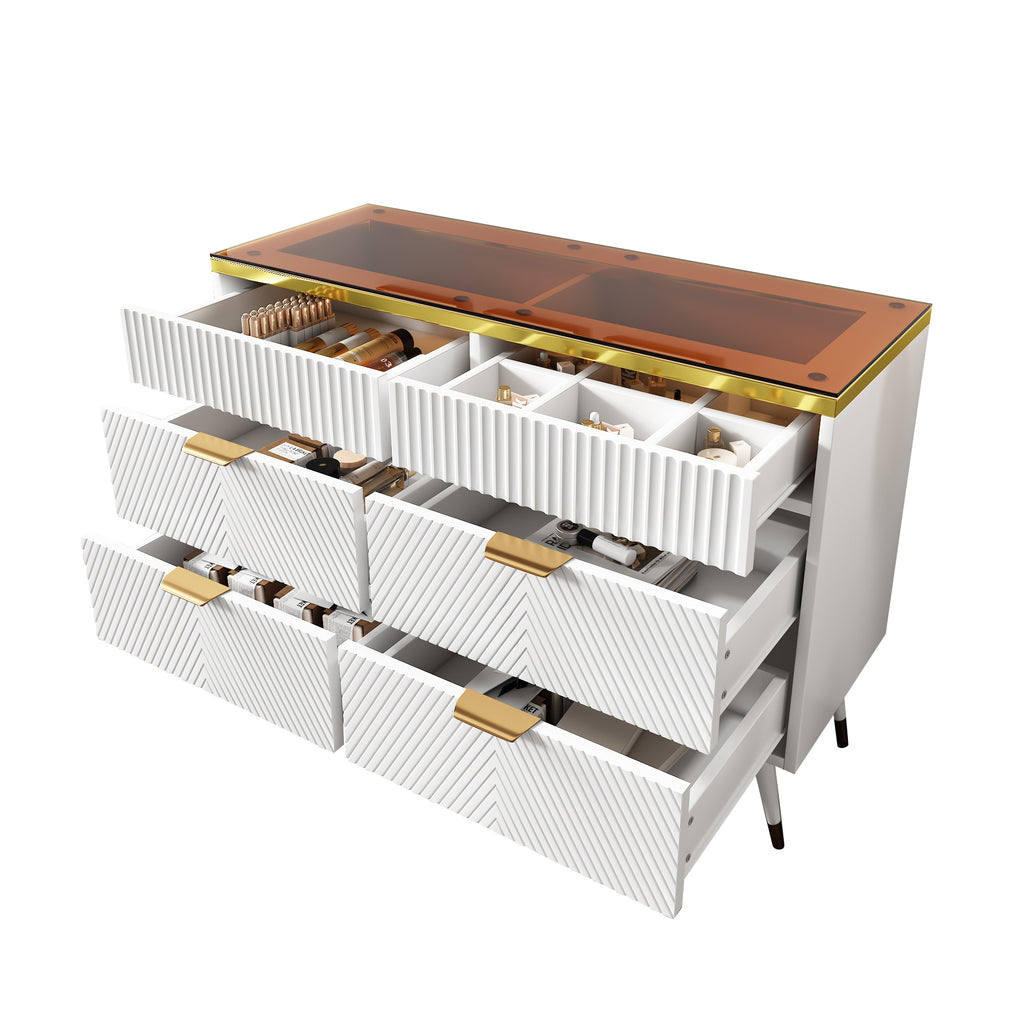 Sideboard Cabinet Dresser with 6 Drawers,Amber glass chest of drawers, Compartmentalised storage,Anti-tip,Dressing table for Living Room, Hallway, Bedroom, and Children's Room, 120 x 40 x 76 cm, White
