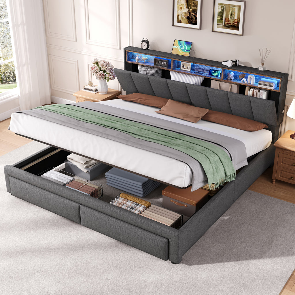6ft Super King Upholstered Bed Frame with Hydraulic and Drawers Storage, LED Adjustable Headboard with Charging Station and Concealed Headboard Storage, Linen, No Box Spring Needed, Grey (No Mattress)