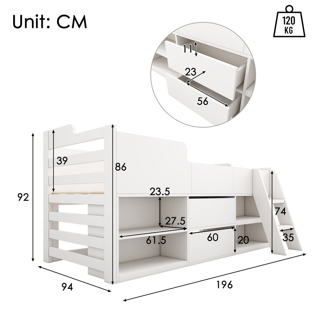 Cabin Bed Mid Sleeper Bed Frame Storage Kids Wooden bed with Drawers Shelf Storage Low Sleeper Bed  3ft Single Children's White Wooden Bed - 3ft Single (90 x 190 cm) Frame Only