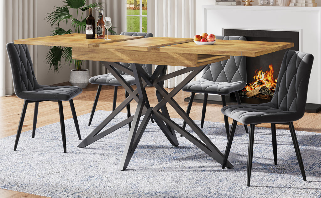 Extendable dining table 120-160 x 80 cm, extendable kitchen table, breakfast table, star-shaped table legs, black iron legs, Walnut-coloured tabletop