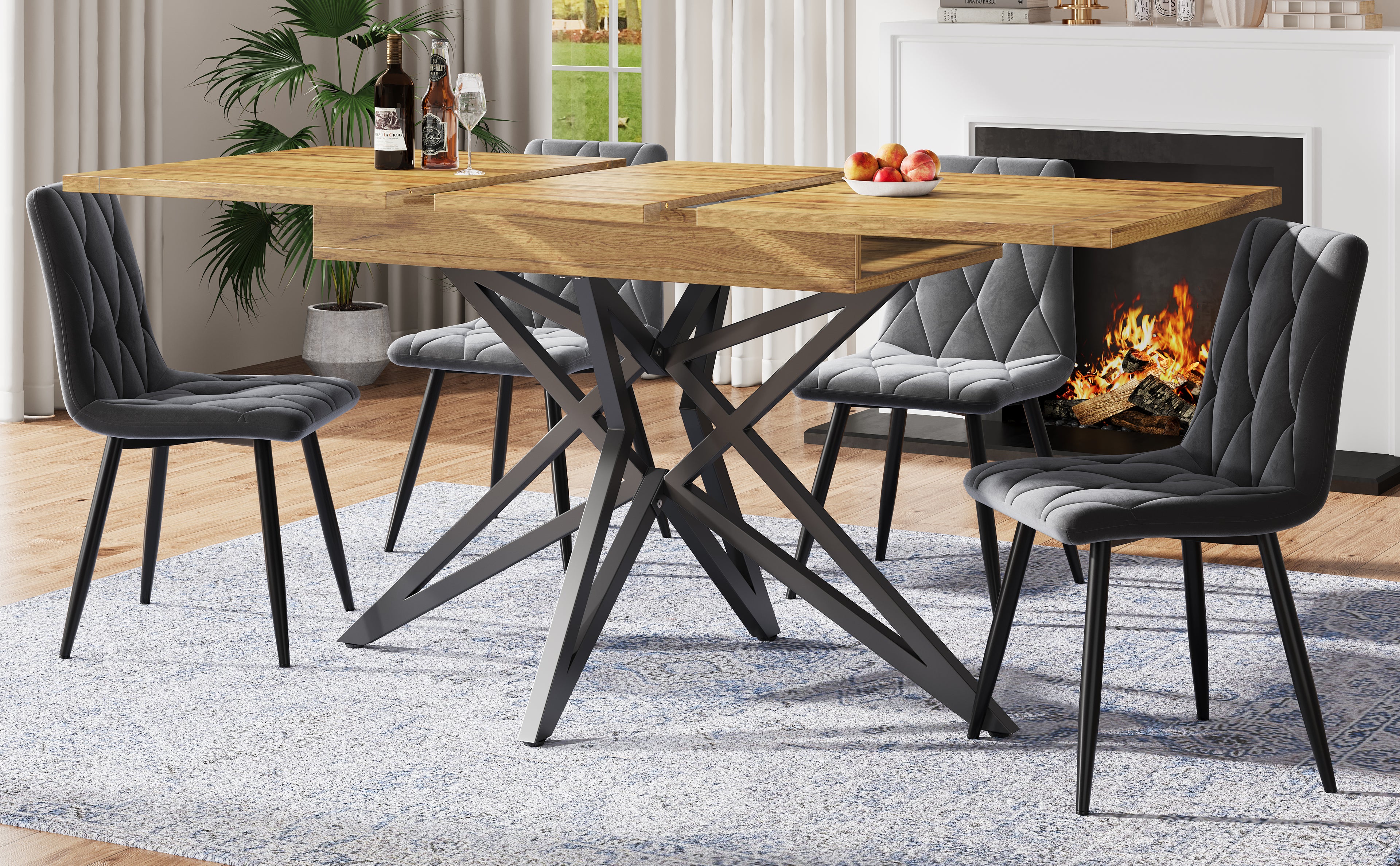 Extendable dining table 120-160 x 80 cm, extendable kitchen table, breakfast table, star-shaped table legs, black iron legs, Walnut-coloured tabletop