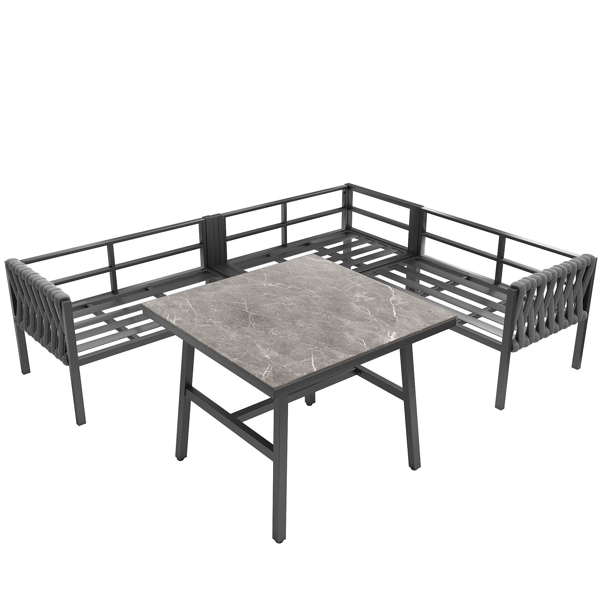 Garden furniture set, rope-weave outdoor sofa set with galvanized steel frame, adjustable legs, L-shaped sofa, tempered glass table top, includes all seat and back cushions, grey