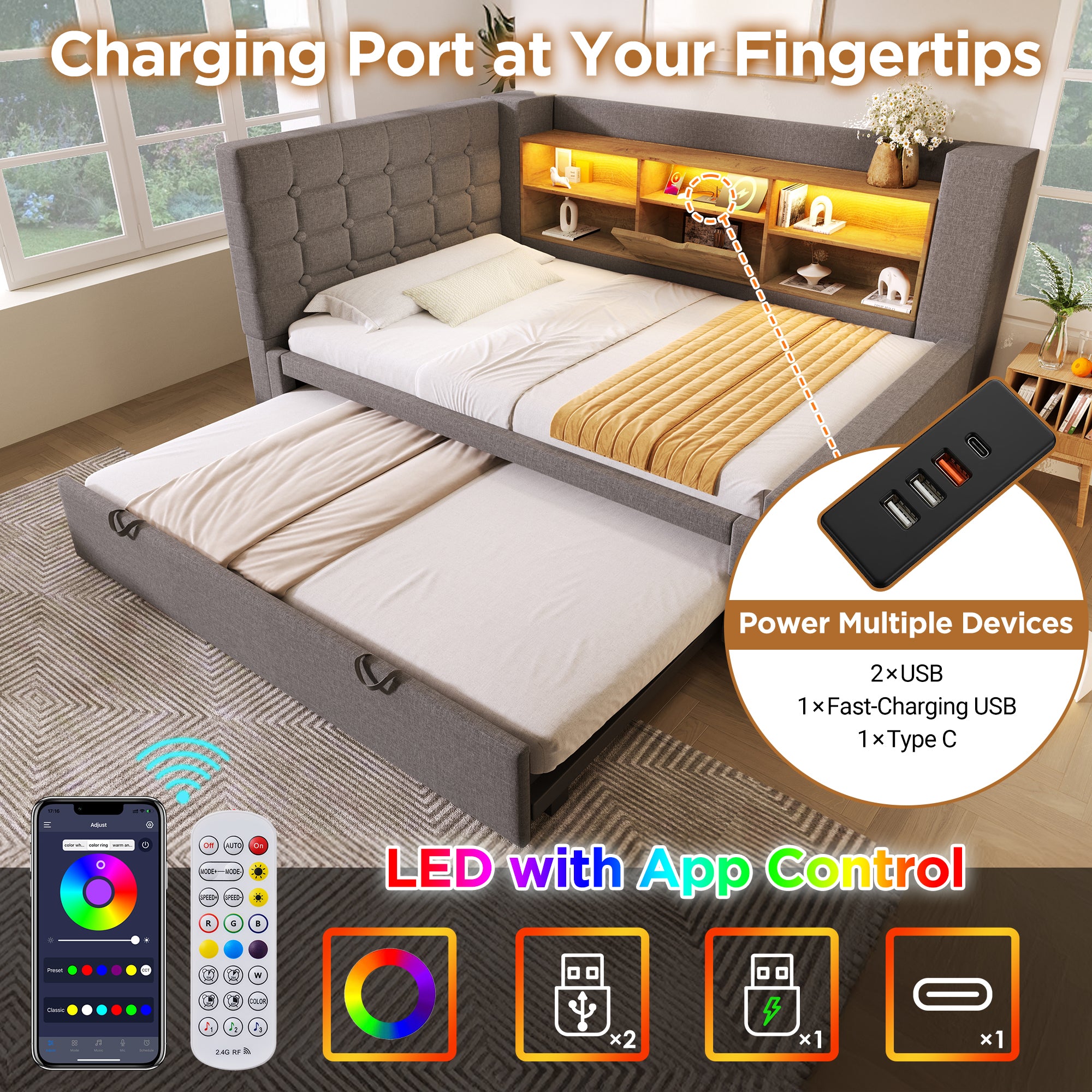 Daybed Upholstered Bed 90 x 190 cm, 3FT Single Sofa Bed with Storage, USB &Type-C Charging Station, Pull out Trundle for Living Room and Bedroom, Linen, Grey (No Mattress)