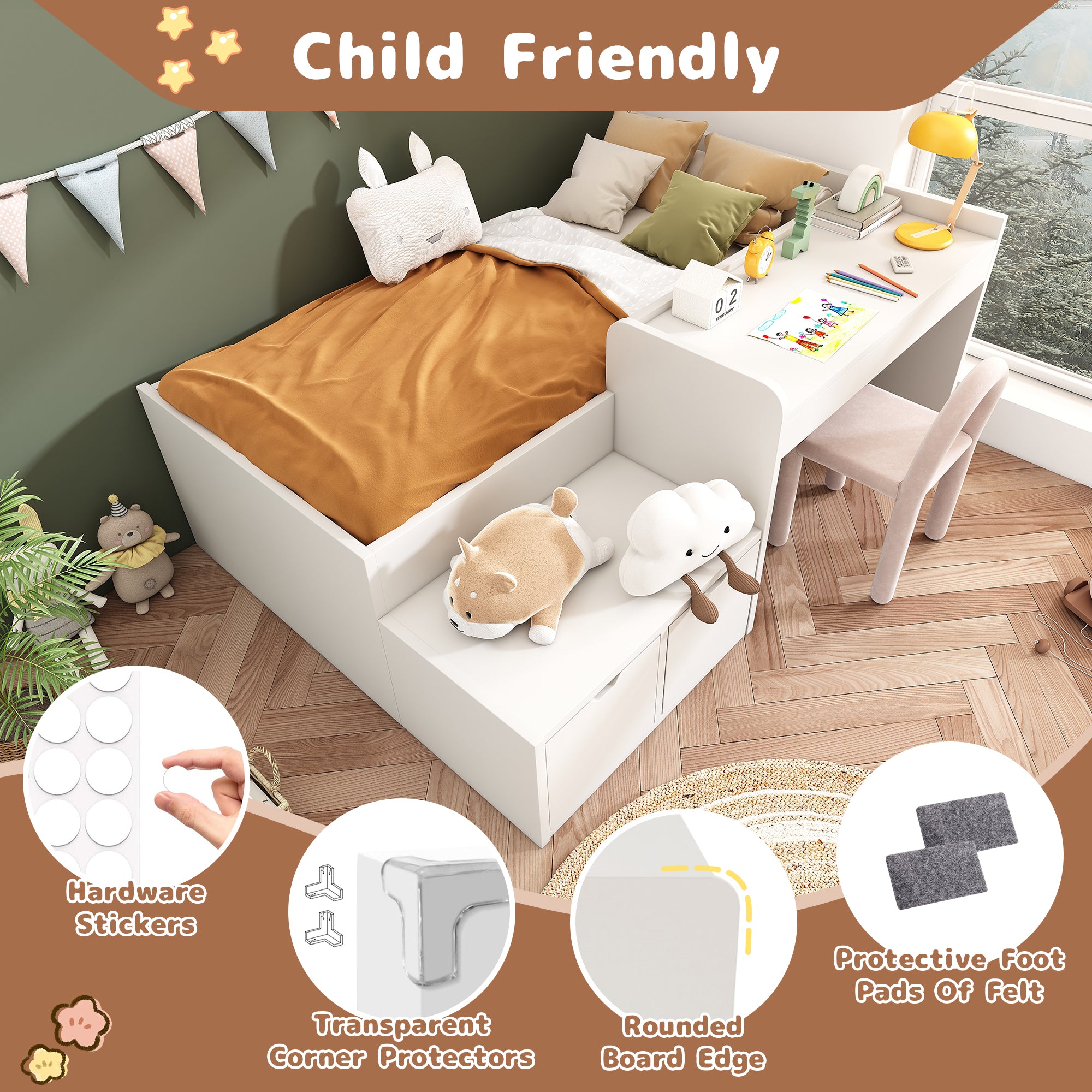 Kids Single Bed with Desk and Drawers, 90 x190 cm, White, 3ft Kids Wooden Bed with Storage, Single Bed with Slatted Frame, Lying Surface for Teenagers & Adults (No Mattress)