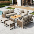 Garden lounge chair set, furniture set for 6-7 people, handwoven rope garden sofa, weatherproof corner set & iron lounger, including soft seat and back cushions, adjustable feet, beige