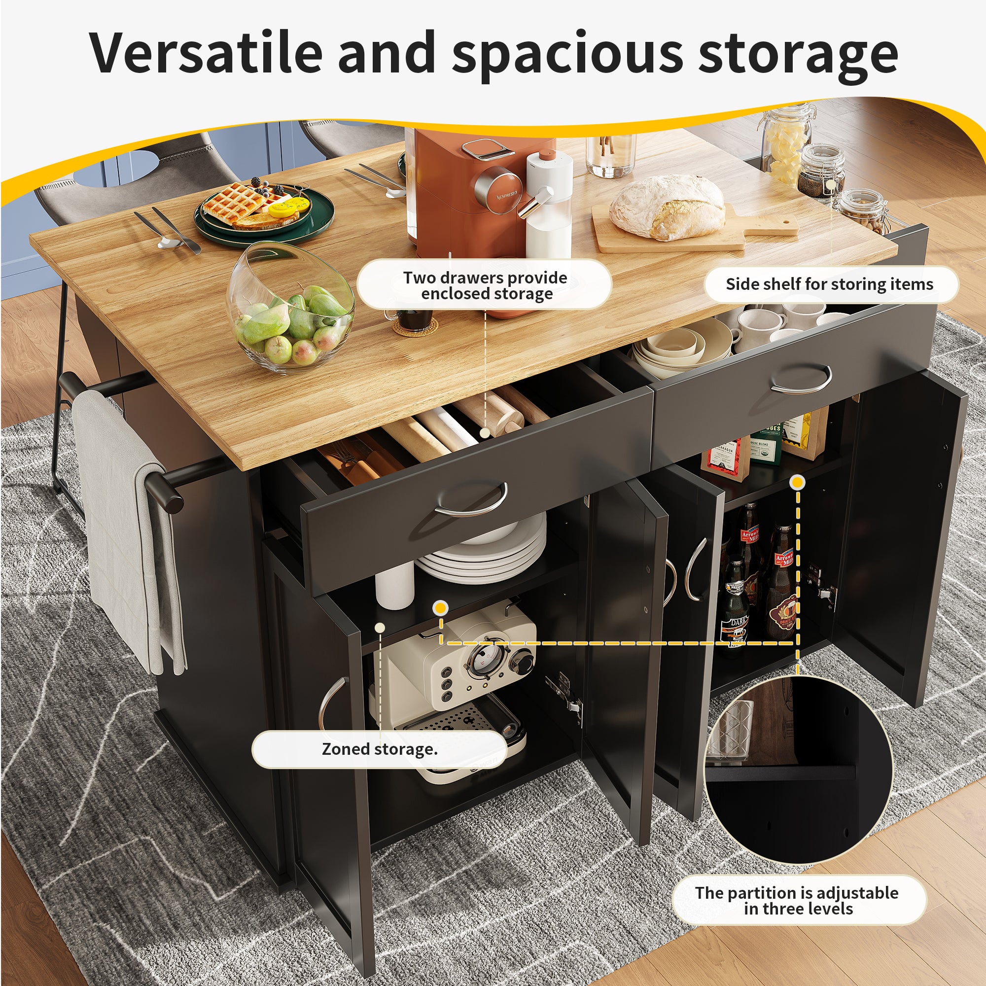Rolling Kitchen Island Storage Trolley with Large Cabinet, 2 Drawers, Adjustable Shelf, Spice&Towel Rack, Sideboard Cupboard Cabinet Cart, Dining Room Organiser, Black