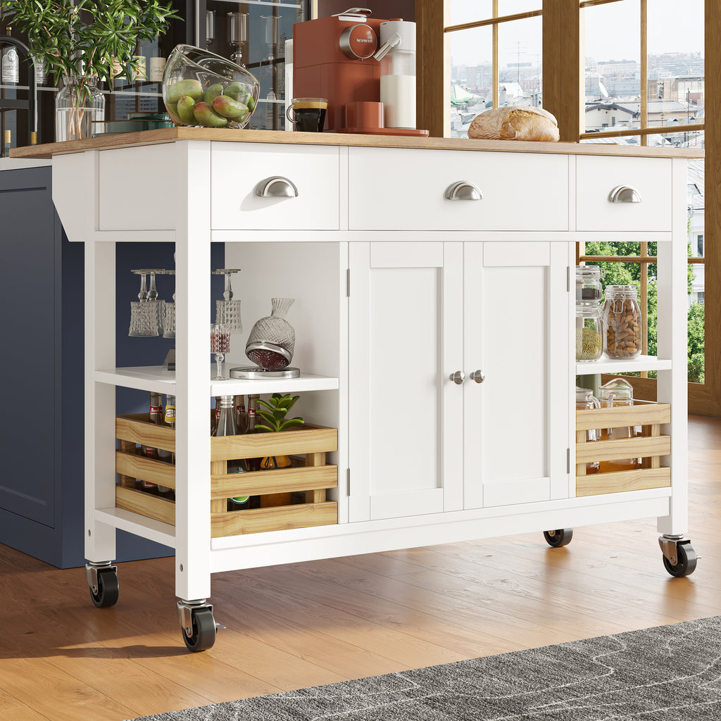 Rolling Kitchen Island Storage Trolley with Large Cabinet, 3 Drawers, Spice Rack, Adjustable Shelf, Dining Room Organiser Sideboard Cupboard Cabinet Cart, White
