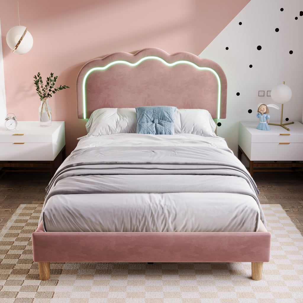 Upholstered Bed, 3ft 90x190cm Single Bed with LED, Bed Frame with Wooden Slats and Adjustable Height Headboard, Teen Bed for Bedroom and Guest Room, Pink, Velvet Material, Without Mattress.
