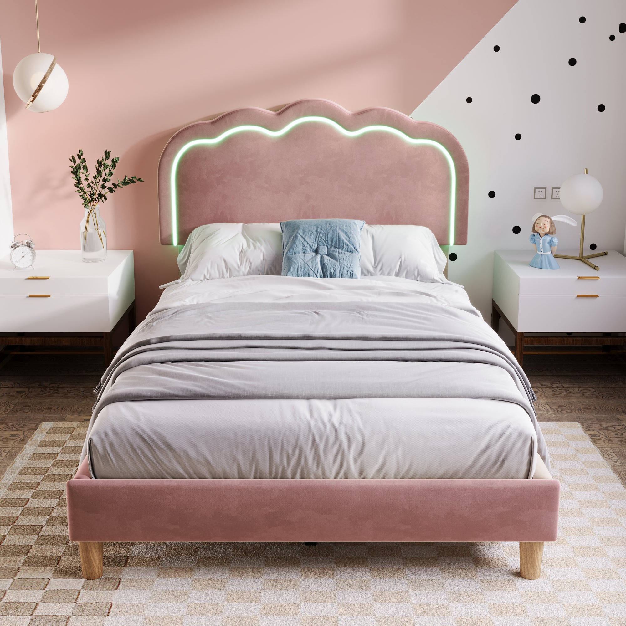 Upholstered Bed, 3ft 90x190cm Single Bed with LED, Bed Frame with Wooden Slats and Adjustable Height Headboard, Teen Bed for Bedroom and Guest Room, Pink, Velvet Material, Without Mattress.