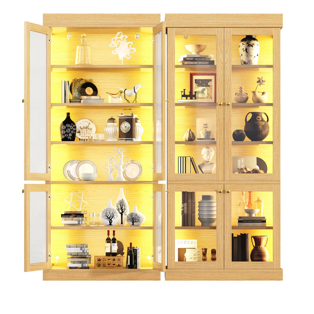Modern freestanding cabinet with integrated LED mood lighting, glass display case, well-designed interior layout and anti-tip protection; stable, safe and versatile for the home; natural brown.