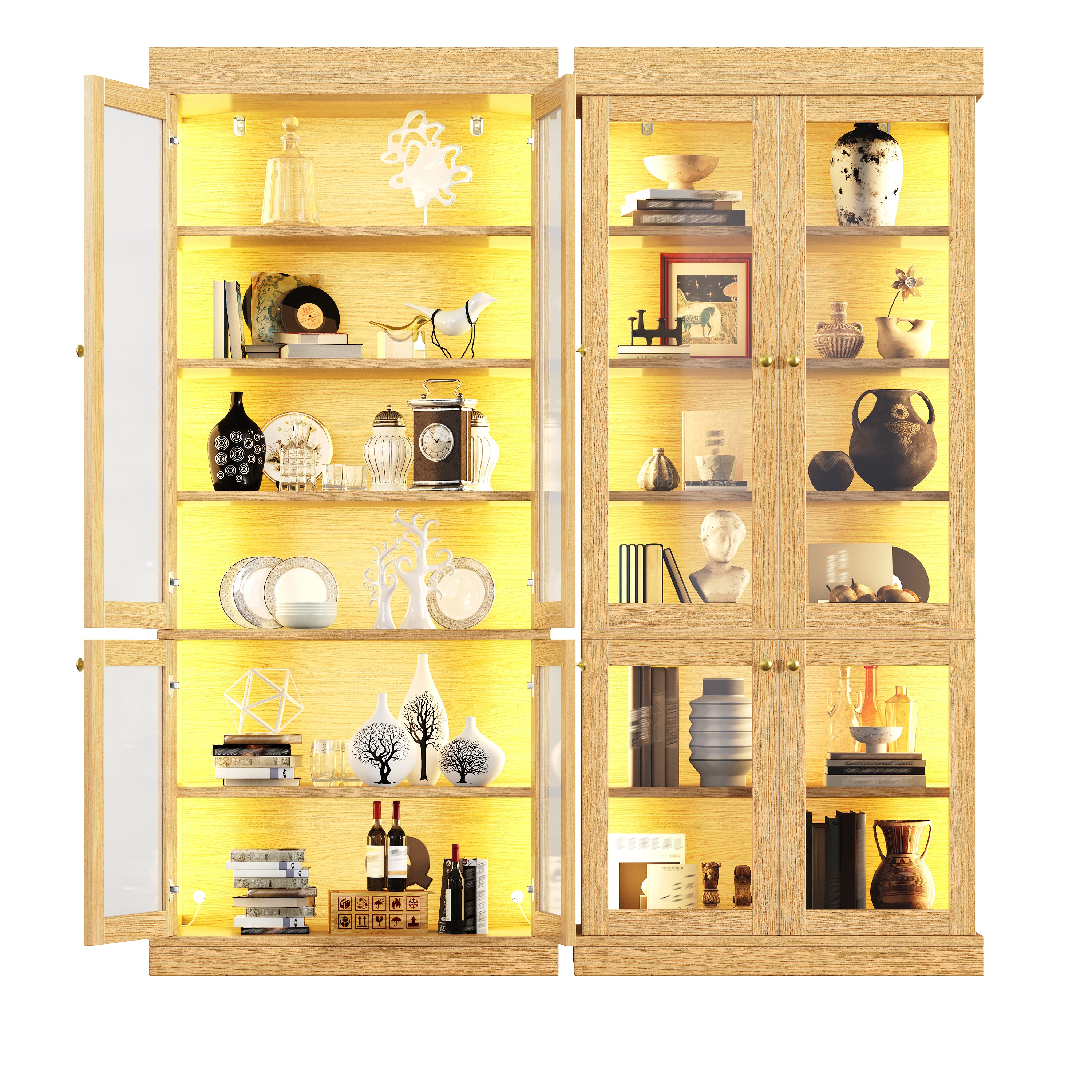 Modern freestanding cabinet with integrated LED mood lighting, glass display case, well-designed interior layout and anti-tip protection; stable, safe and versatile for the home; natural brown.