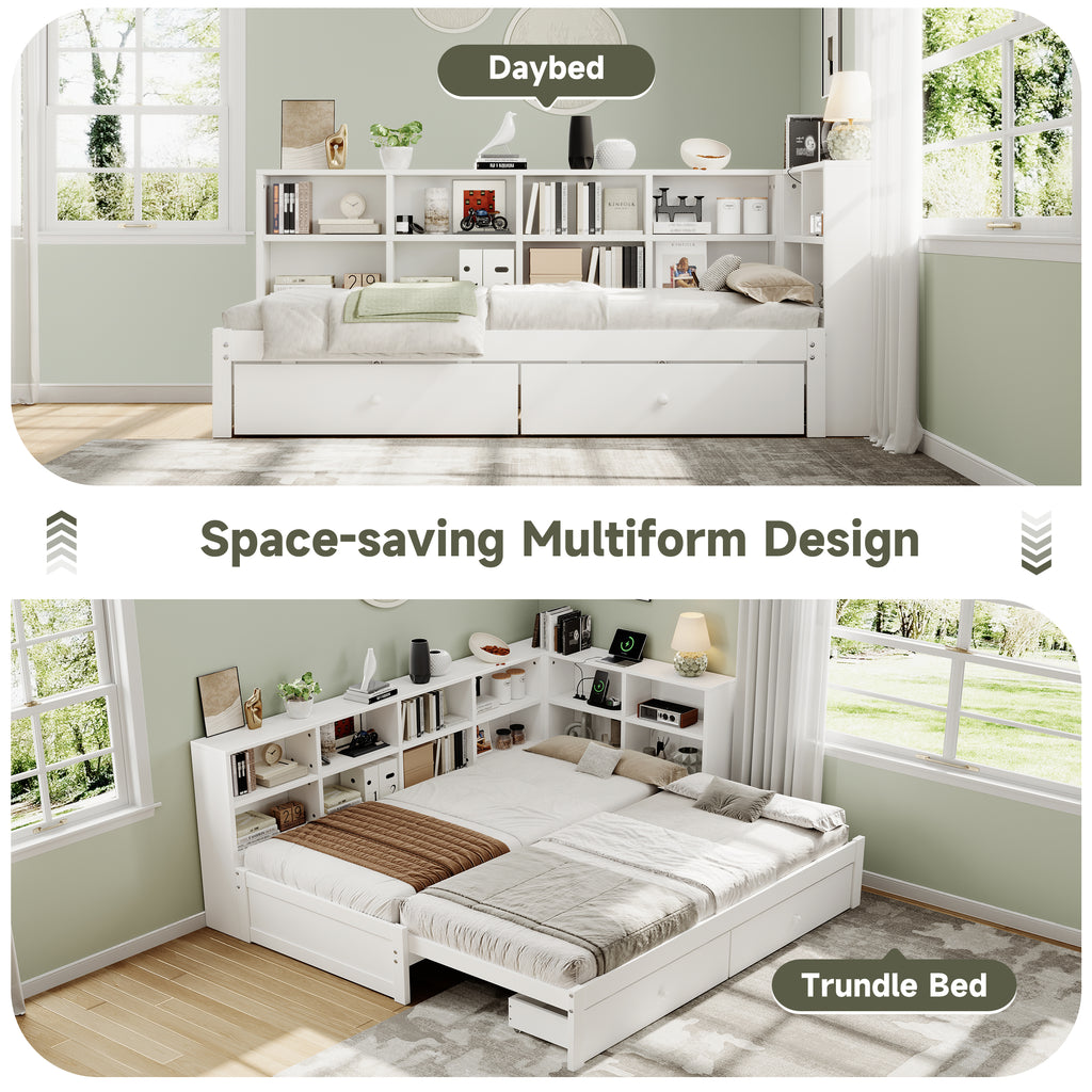 3ft Single Daybed with Two Storage Drawers and Beside Storage, Modern Pull-out Trundle Bed with Charging Station, Wood Bed for Living Room/ Bedroom/ Study Room, 90X190cm, White (No Mattress)