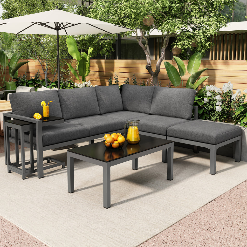 Outdoor garden terrace lounge sofa set, garden furniture for 4-5 people with side table and coffee table, corner sofa, all-weather lounge furniture, grey, all cushions included