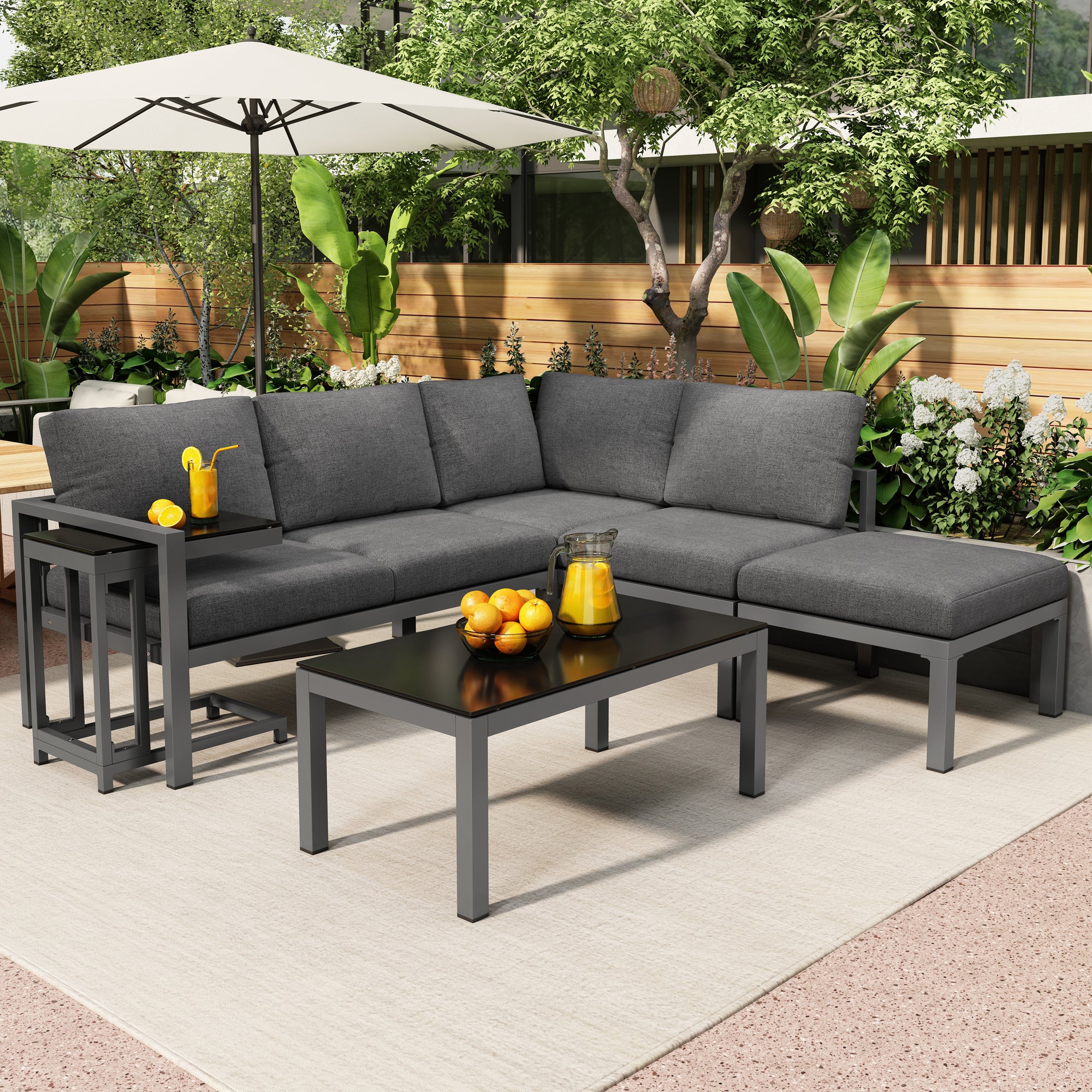 Outdoor garden terrace lounge sofa set, garden furniture for 4-5 people with side table and coffee table, corner sofa, all-weather lounge furniture, grey, all cushions included