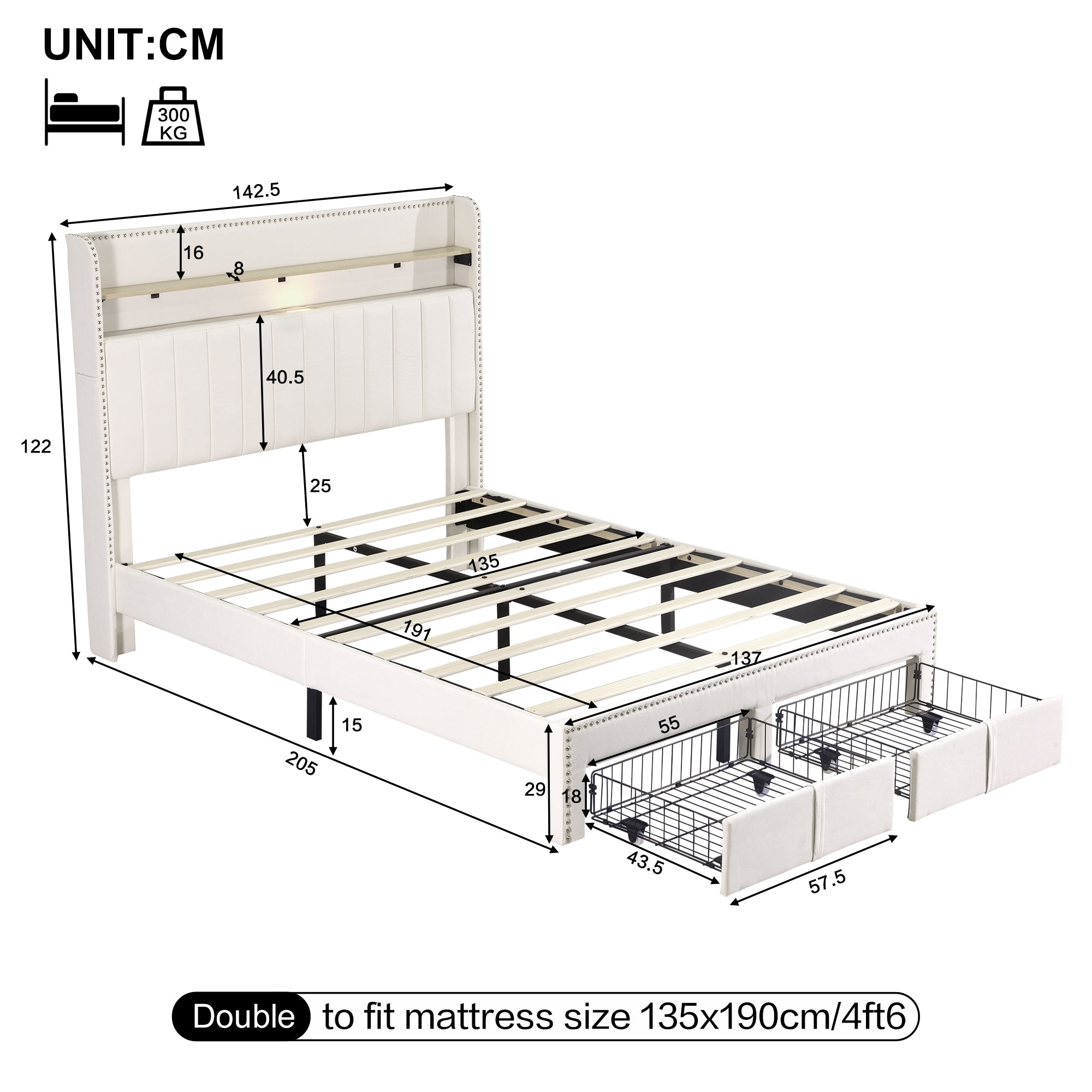 4ft6 Double Upholstered Bed with 2 Storage Drawers, Riveted Storage Bed with Charging and Lighting, Linen Platform Bed Frame No Box Spring Needed, Easy Assembly, Beige (No Mattress)