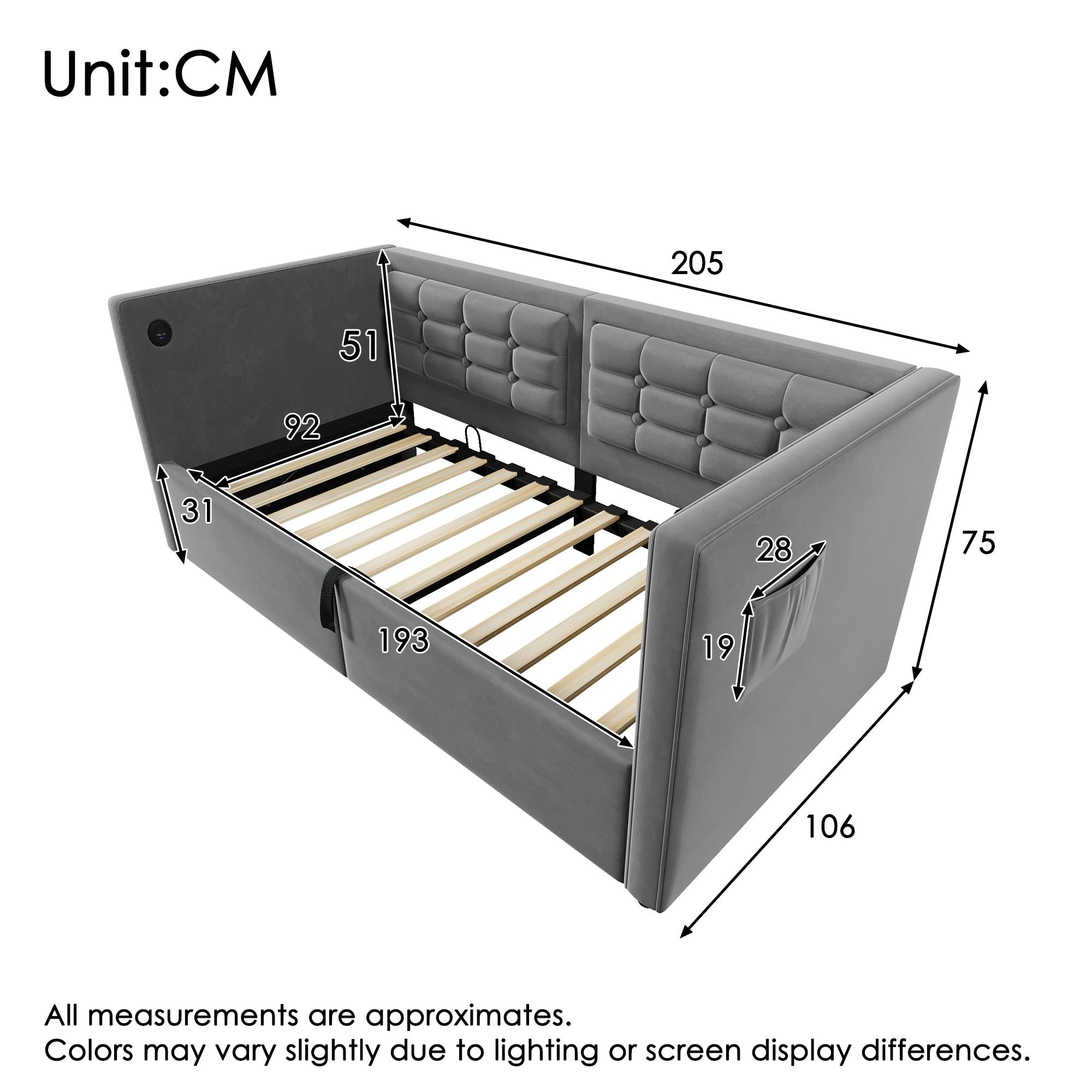 Daybed Upholstered Bed 90 x 190 cm, 3FT Single Sofa Bed with USB &Type-C Charging Station,  Hydraulic Storage Bed for Living Room and Bedroom, Velvet, Grey (No Mattress)