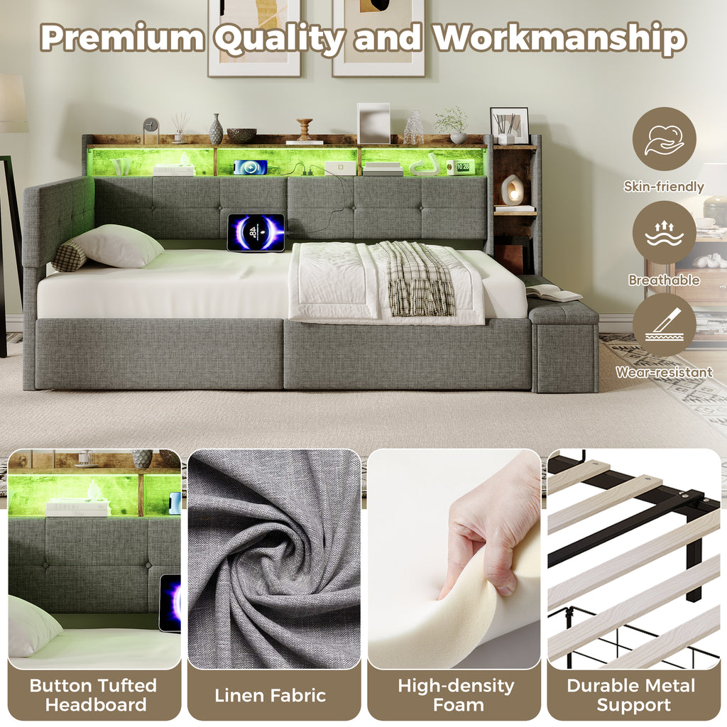 3ft Single LED Daybed with Storage Drawers and Bed End Ottoman Storage, Modern Linen Sofa Bed with Charging Station for Living Room/ Bedroom/ Study Room, 90X190cm, Grey (No Mattress)