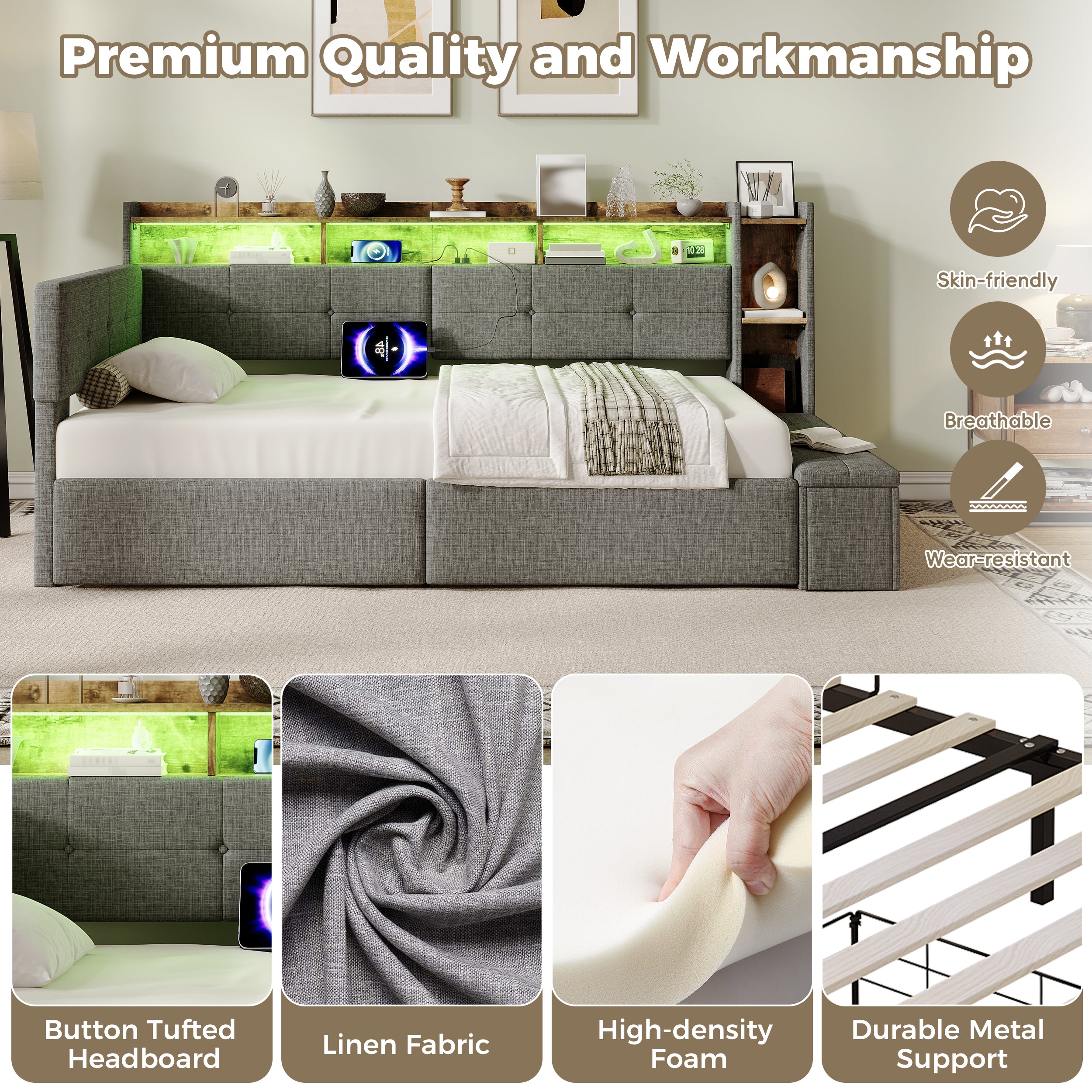 3ft Single LED Daybed with Storage Drawers and Bed End Ottoman Storage, Modern Linen Sofa Bed with Charging Station for Living Room/ Bedroom/ Study Room, 90X190cm, Grey (No Mattress)