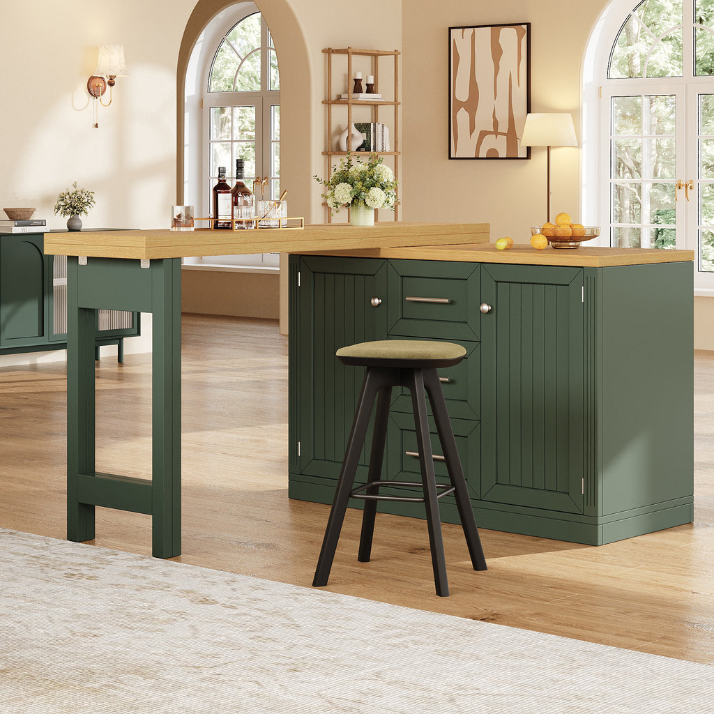 Extendable Sideboard & Table Combo, 120-180cm Adjustable Dining Table with Storage, 3 Drawers & Snack racks, Space-Saving kitchen island for Small Flats, White/Antique Green