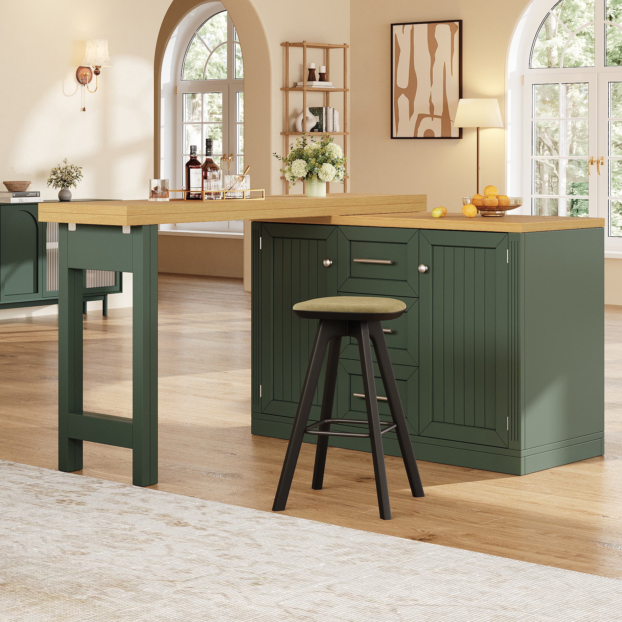 Extendable Sideboard & Table Combo, 120-180cm Adjustable Dining Table with Storage, 3 Drawers & Snack racks, Space-Saving kitchen island for Small Flats, White/Antique Green