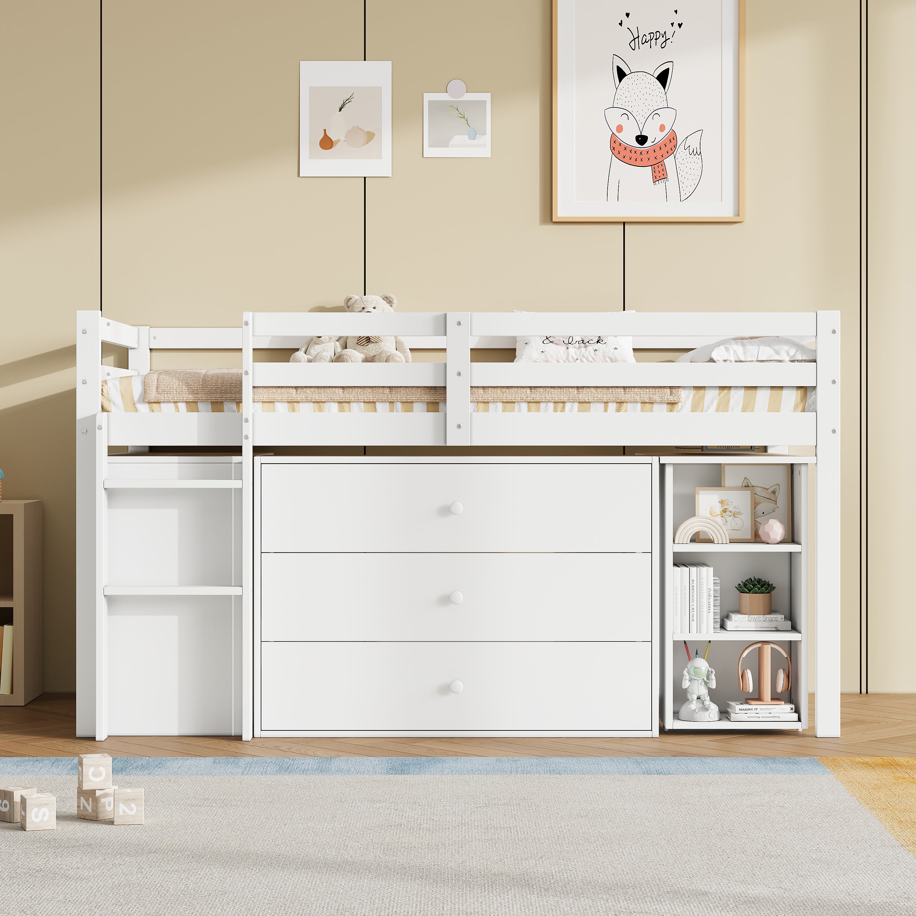 3ft Single Modern Wood Bed with Pull-out Desk, Wooden Children's Cabin Bed with 3 Drawers, Storage Cabinet & Shelves, Flexible Two-way Installation, Space-saving Loft Bed, White (No Mattress)