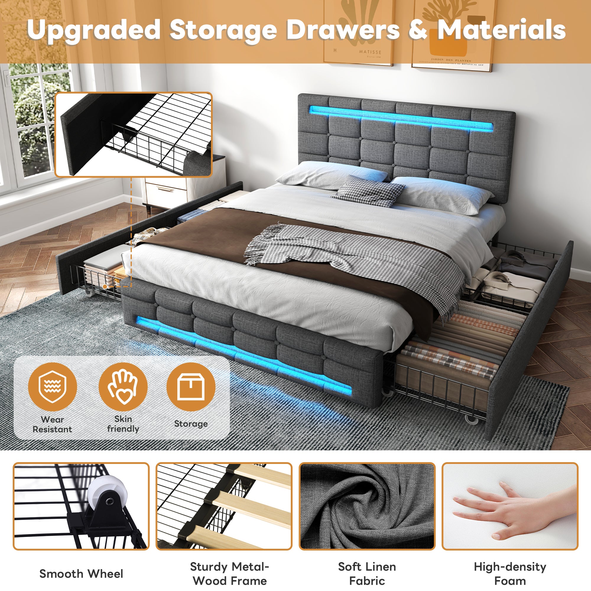 4ft6 Double Upholstered Bed with LED Lighting and Storage Drawers, Linen Fabric Storage Bed Frame with Adjustable Button Tufted Headboard, No Box Spring Needed, Easy Assembly, Grey (No Mattress)