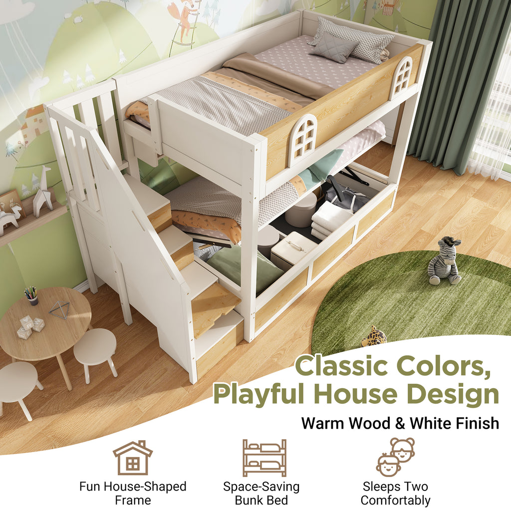 Bunk Beds for Kids, Staircase Bunk with Storage Cube, Children's Bed with Hydraulic Storage, Double Bed High Sleeper for Family with Multiple Children, 90 x 190 cm, Solid Wood, White & Natural