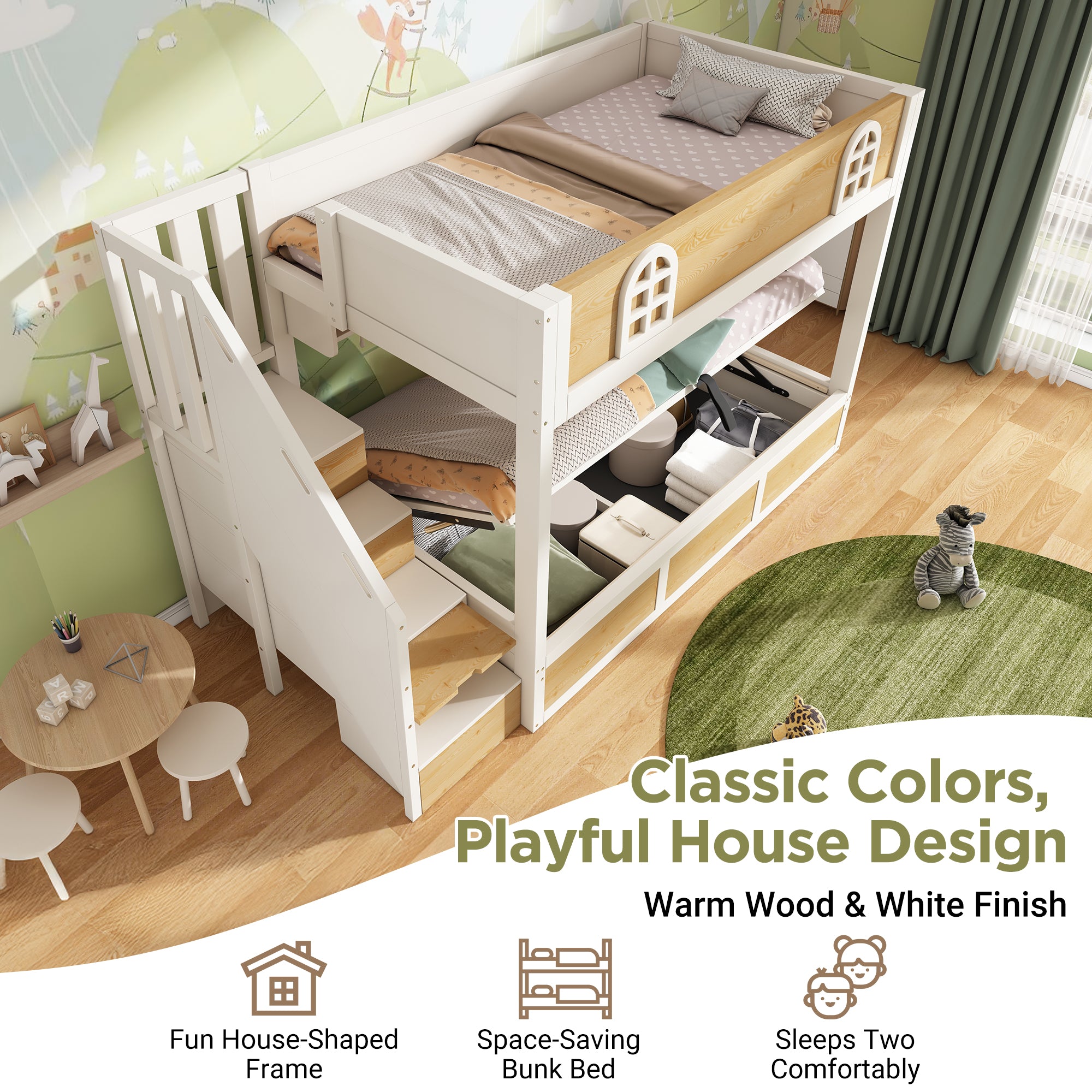 Bunk Beds for Kids, Staircase Bunk with Storage Cube, Children's Bed with Hydraulic Storage, Double Bed High Sleeper for Family with Multiple Children, 90 x 190 cm, Solid Wood, White & Natural