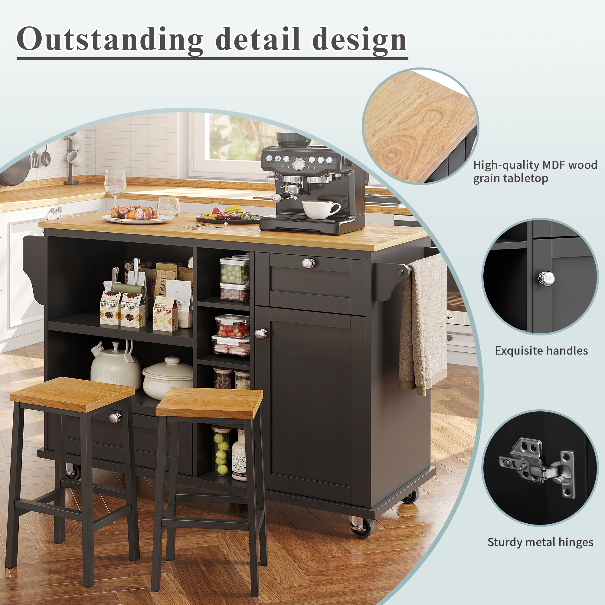 Dining trolley (129 x 46 x 92 cm), modern and simple black mobile kitchen dining trolley with drawers and storage cupboards, light brown wooden worktop, suitable for modern families, black