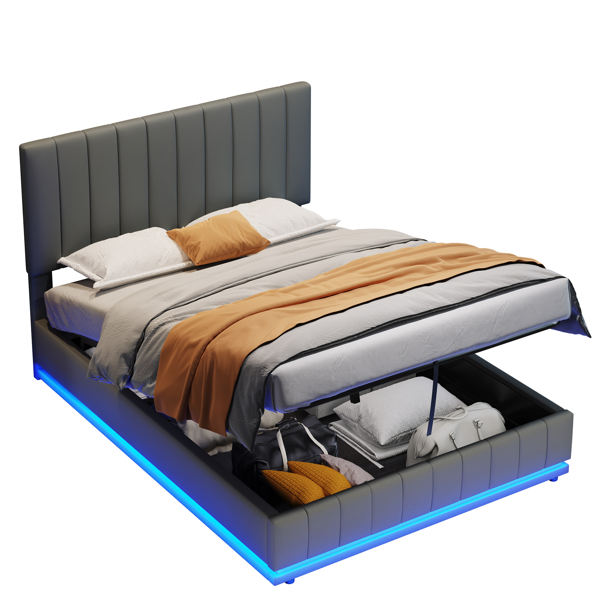 Ottoman Double Bed with LED Lighting, PU Leather Upholstered Bed with Hydraulic Storage, 4ft6 Double Bed Frame with Adjustable Channel Tufted Headboard, No Box Spring Needed, Grey (No Mattress)