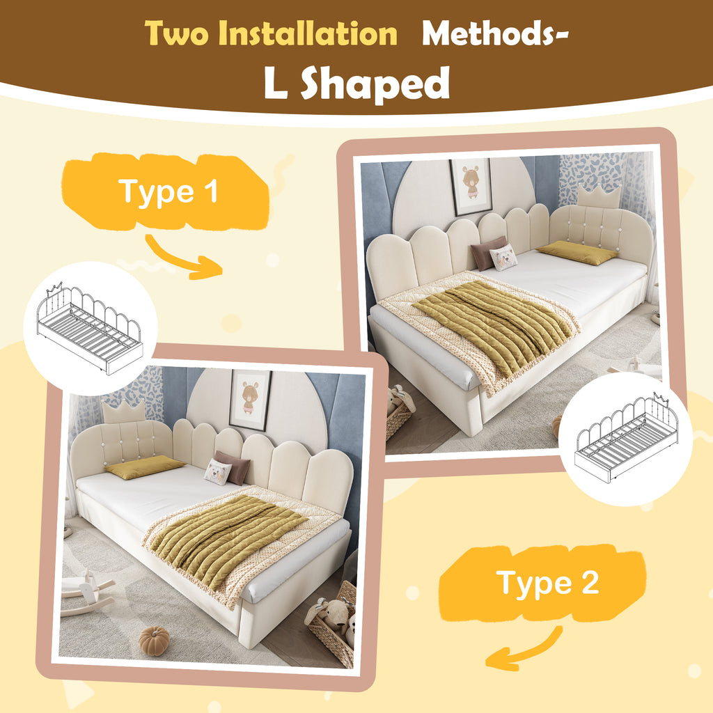 Upholstered Daybed with Pull-Out Bed, Crown-shaped Trundle Bed, 3FT Single Sofa Bed 90 x 190 cm, Guest Beds for Adults & Children, Bed with Metal Slatted Frame, Velvet, Beige (No Mattress)