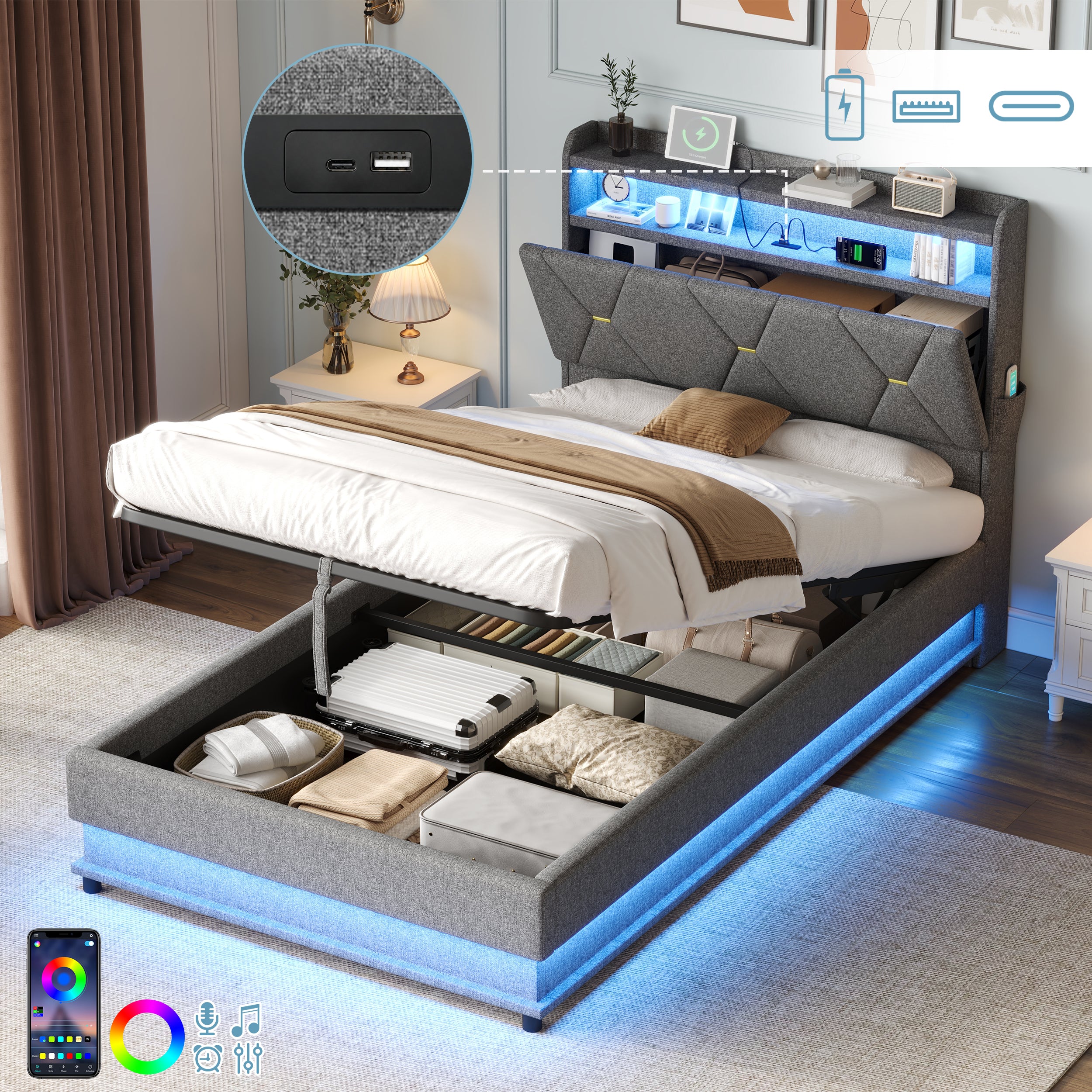 3ft Single Upholstered Bed Frame with Hydraulic Storage,  LED Headboard with Charging Station and Concealed Headboard Storage, USB and Type - C Ports, Linen, No Box Spring Needed, Grey (No Mattress)